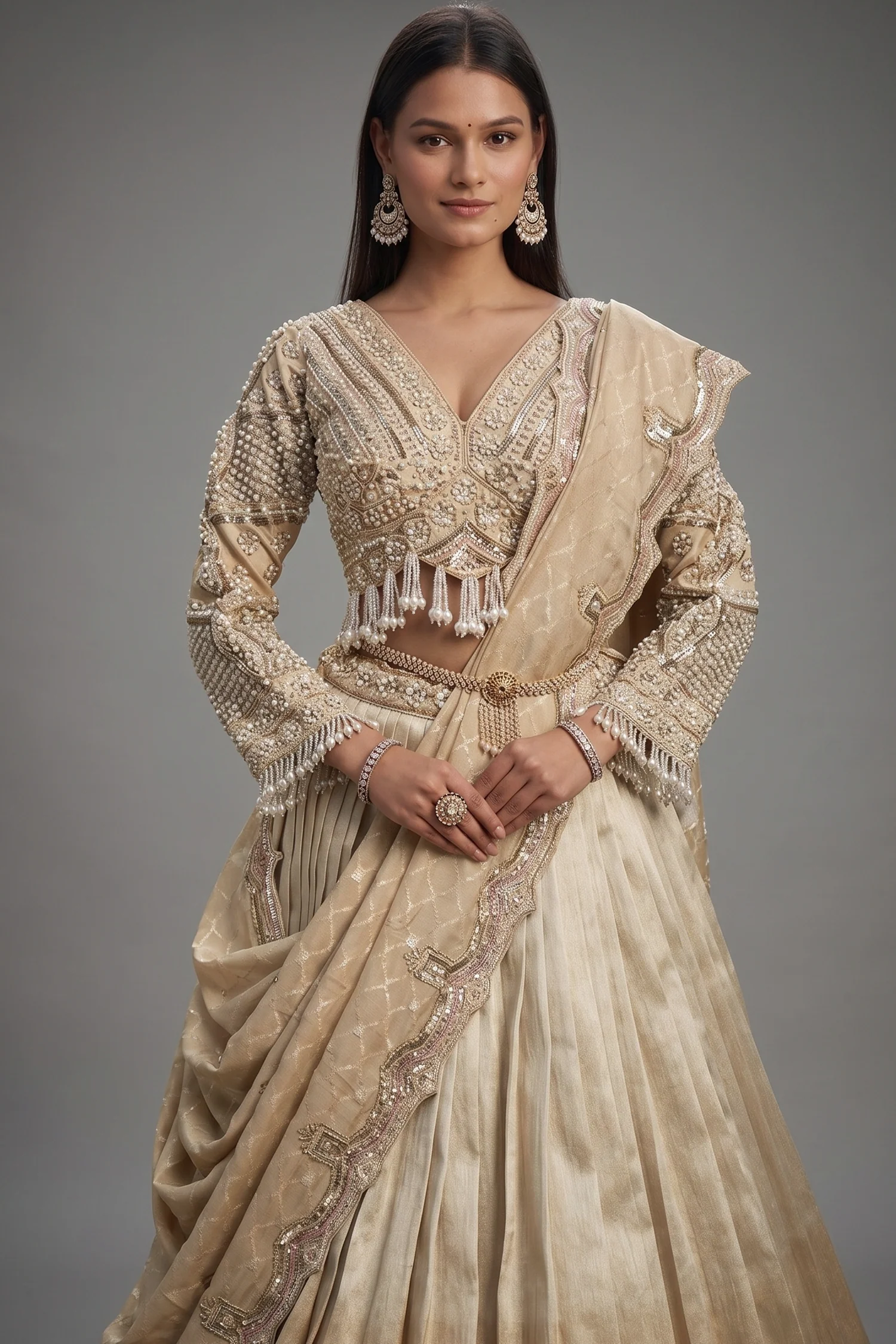 Golden Tissue Pleated Lehenga with Sequin and Bead Work Blouse - Image 2