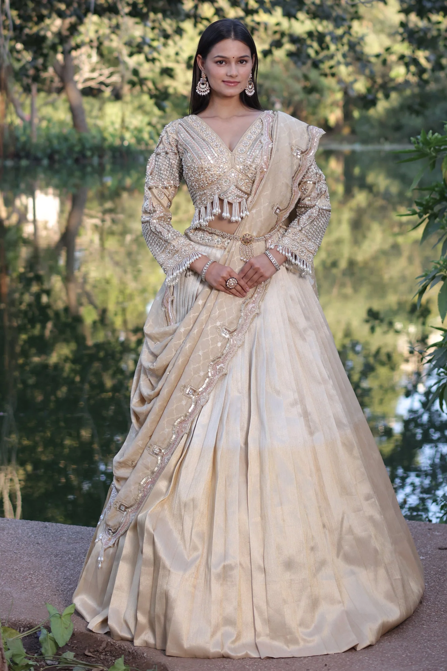 Golden Tissue Pleated Lehenga with Sequin and Bead Work Blouse - Image 3