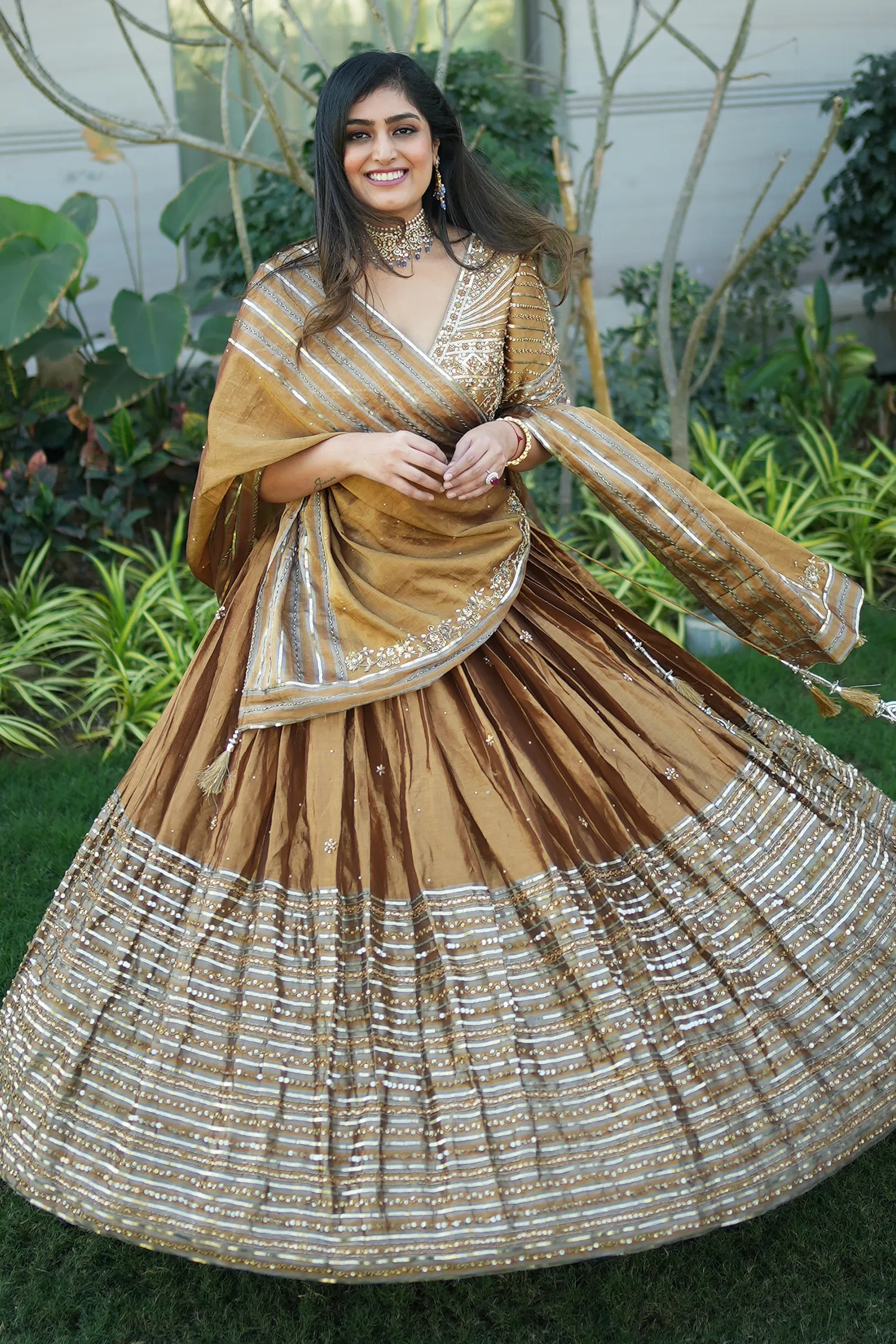 Golden Tissue Sequin Cutdana Worked Pleated Lehenga - Image 2