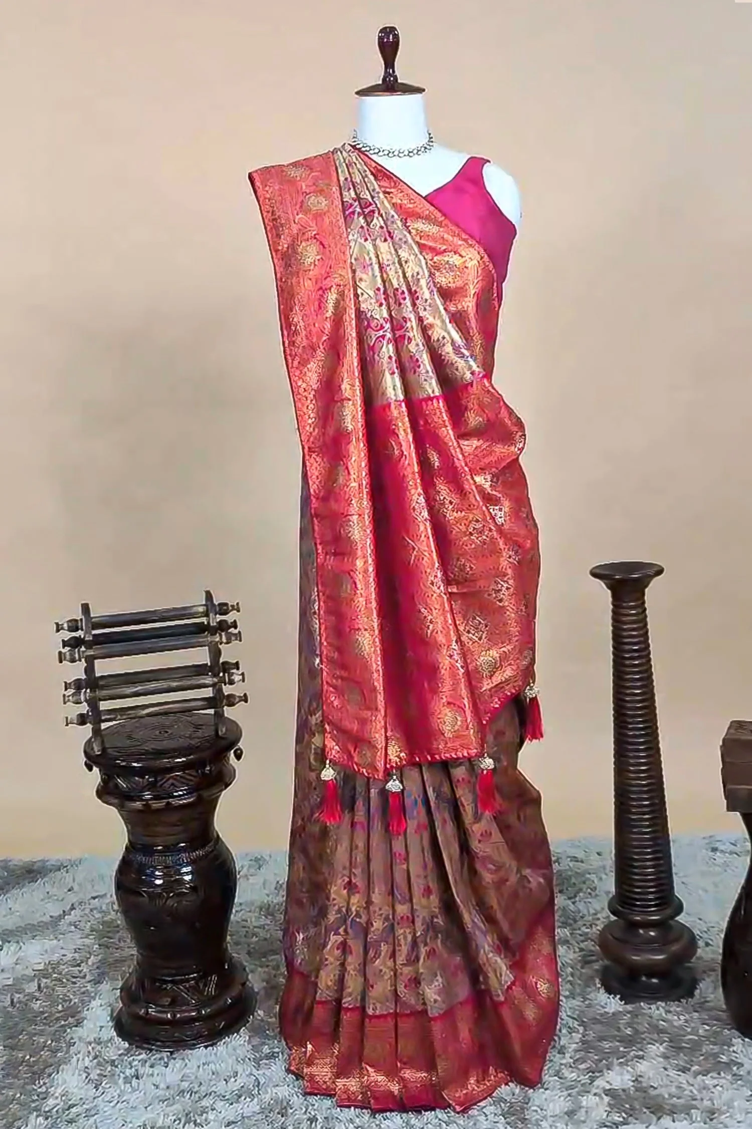 Golden Tissue Silk All Over Woven Saree with Swarovski Work - Image 2