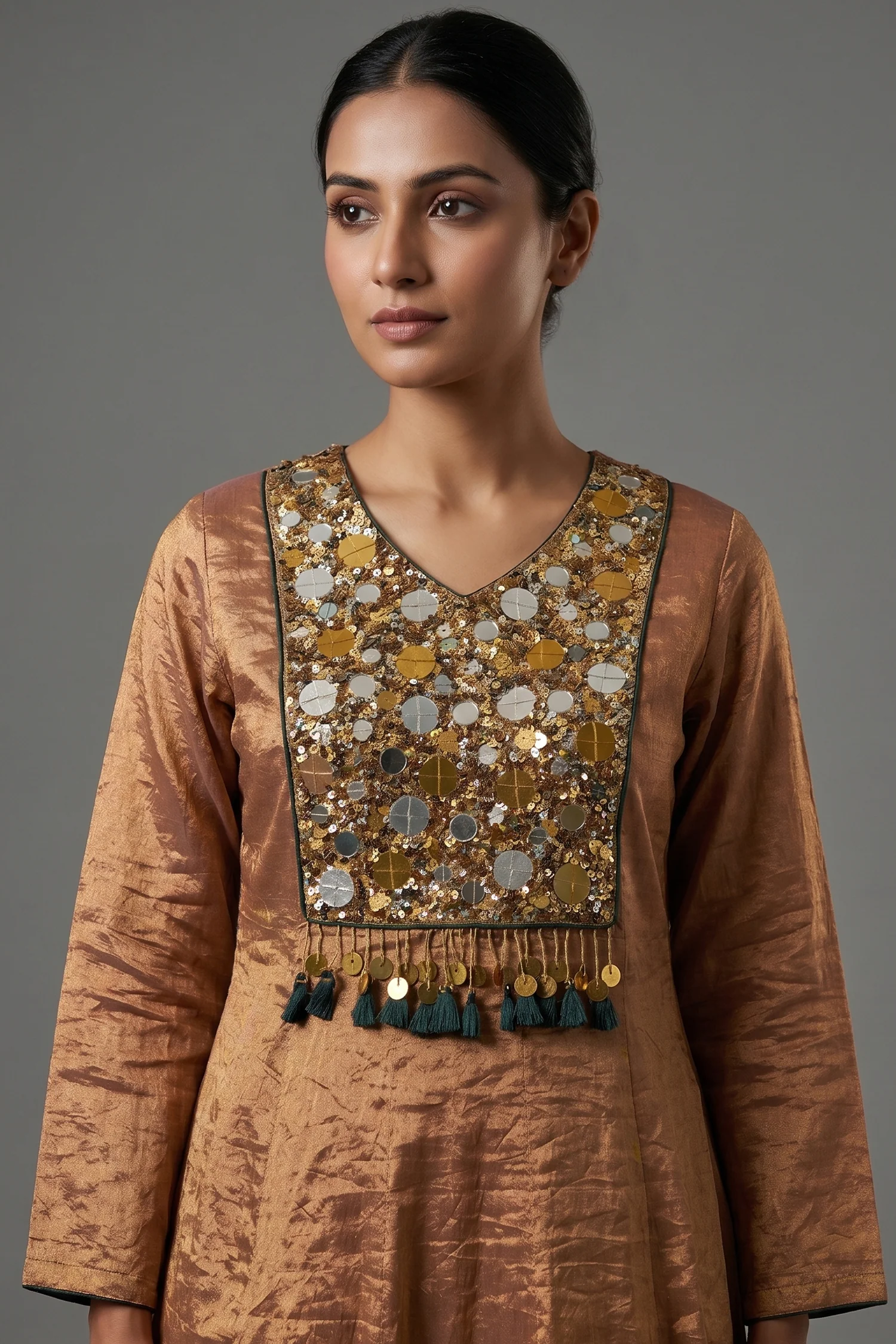 Golden Tissue Silk Anarkali Suit with Sequin and Applique Work - Image 2