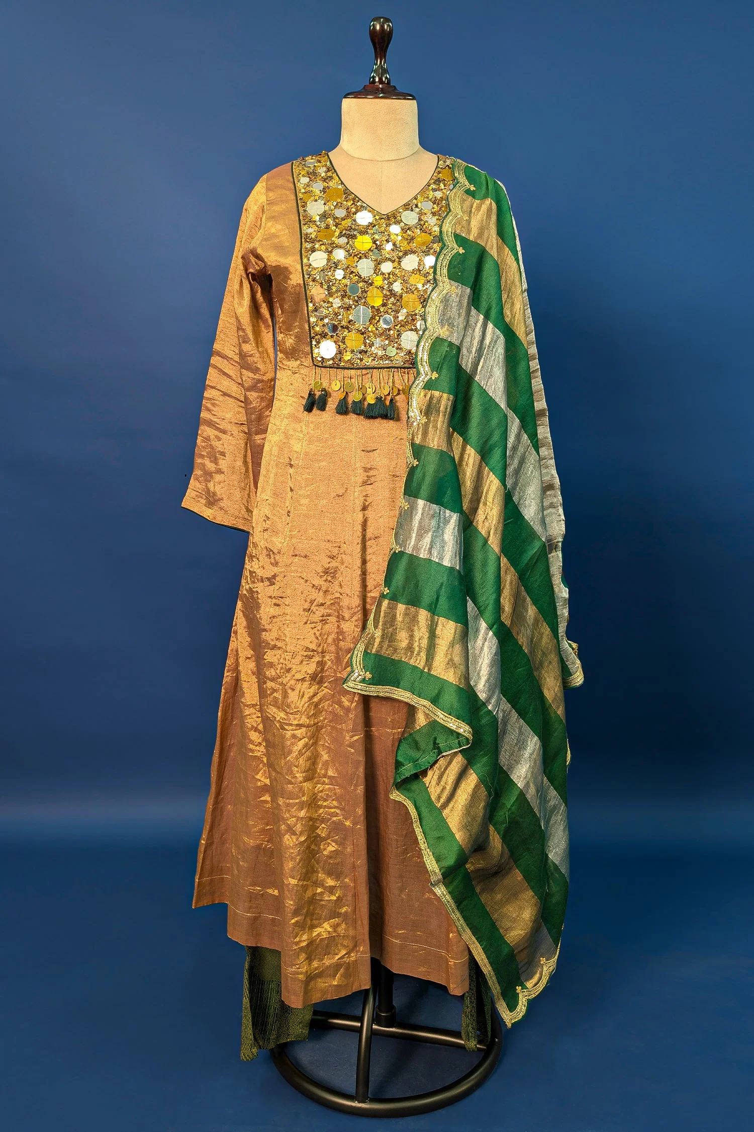 Golden Tissue Silk Anarkali Suit with Sequin and Applique Work - Image 3