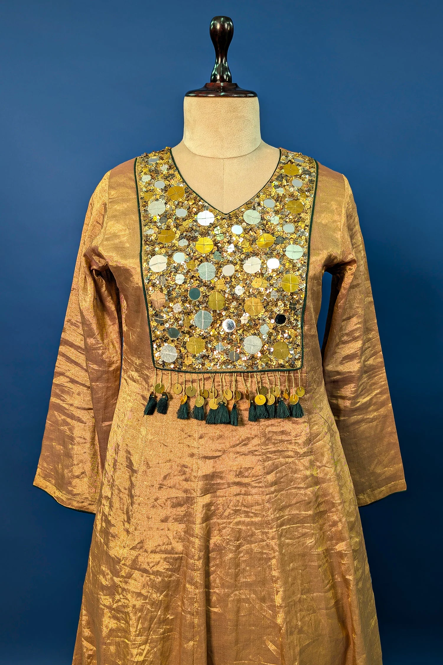 Golden Tissue Silk Anarkali Suit with Sequin and Applique Work - Image 4