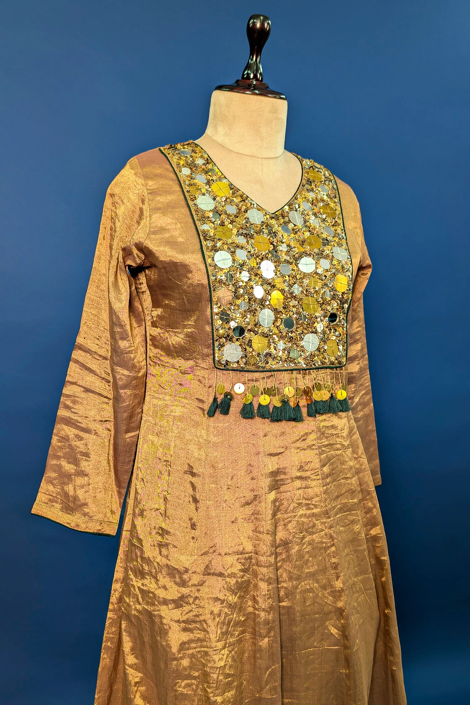 Golden Tissue Silk Anarkali Suit with Sequin and Applique Work - Image 5