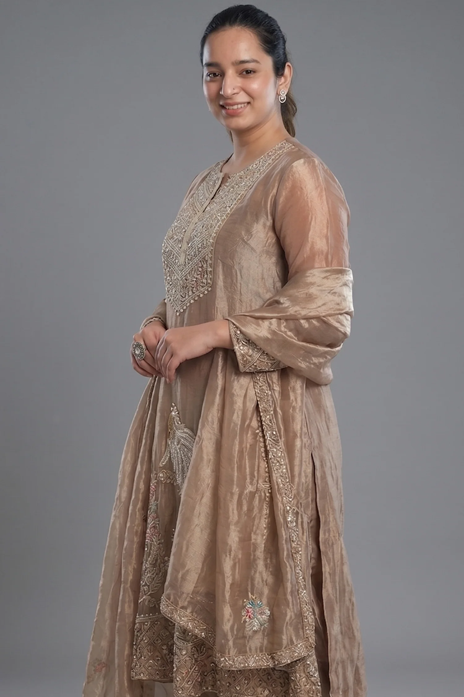 Golden Tissue Silk Beaded and Zardosi Worked Suit - Image 2