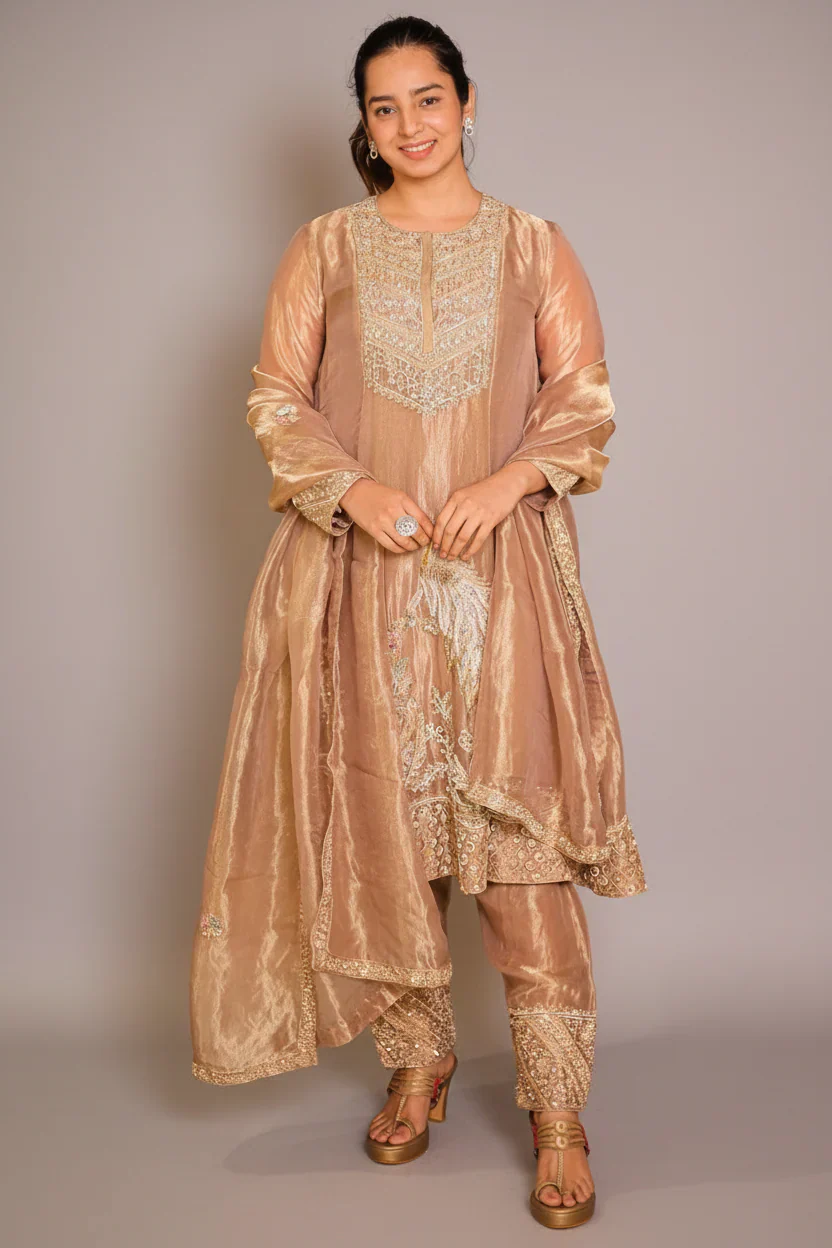 Golden Tissue Silk Beaded and Zardosi Worked Suit - Image 3