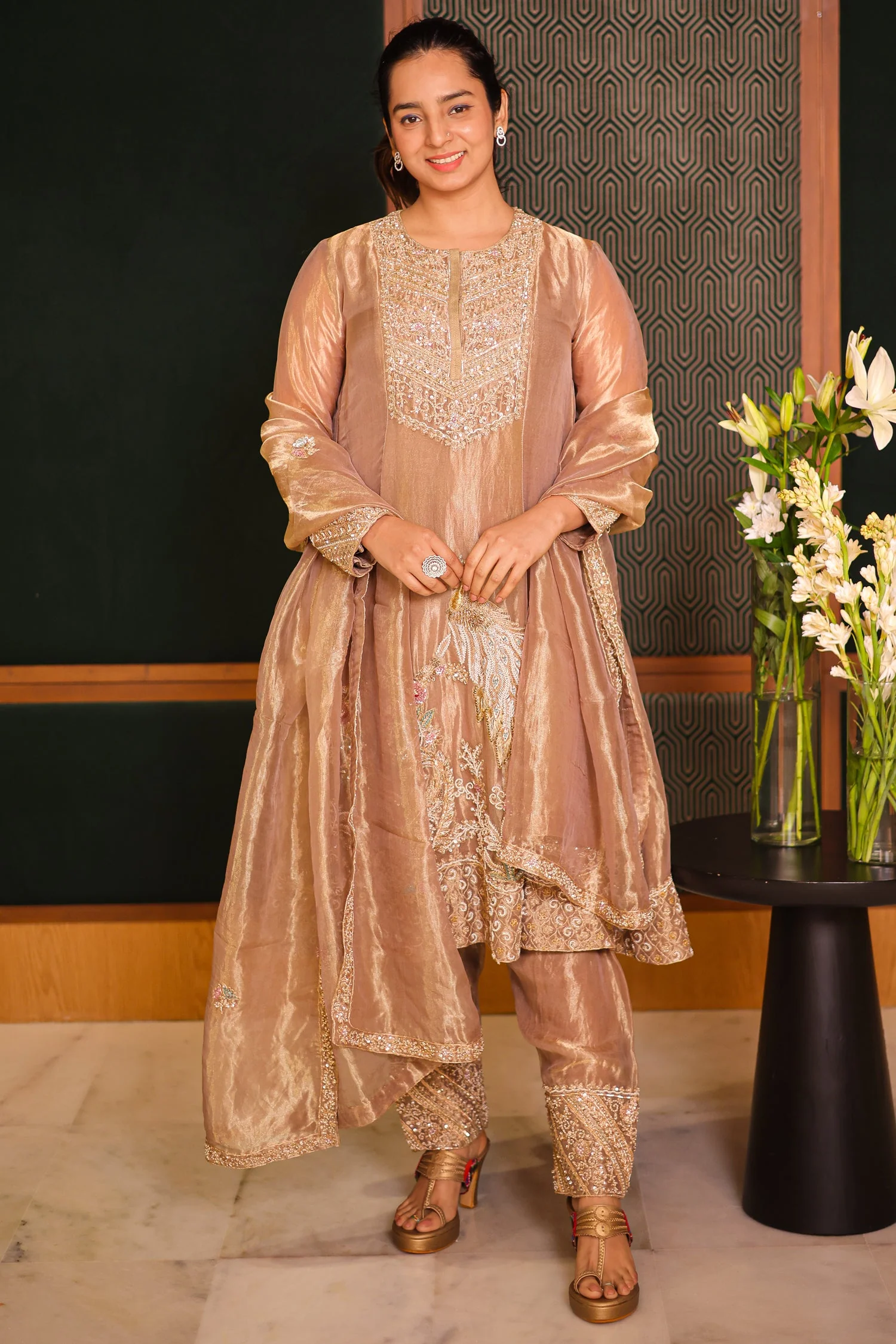 Golden Tissue Silk Beaded and Zardosi Worked Suit - Image 4