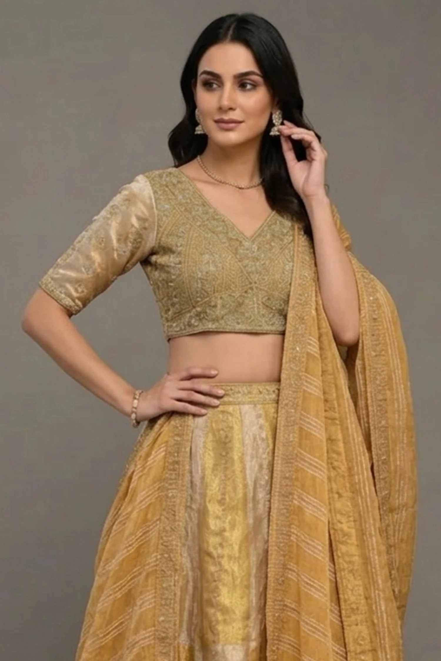 Golden Tissue Silk Beads and Cutdana Worked Lehenga - Image 2