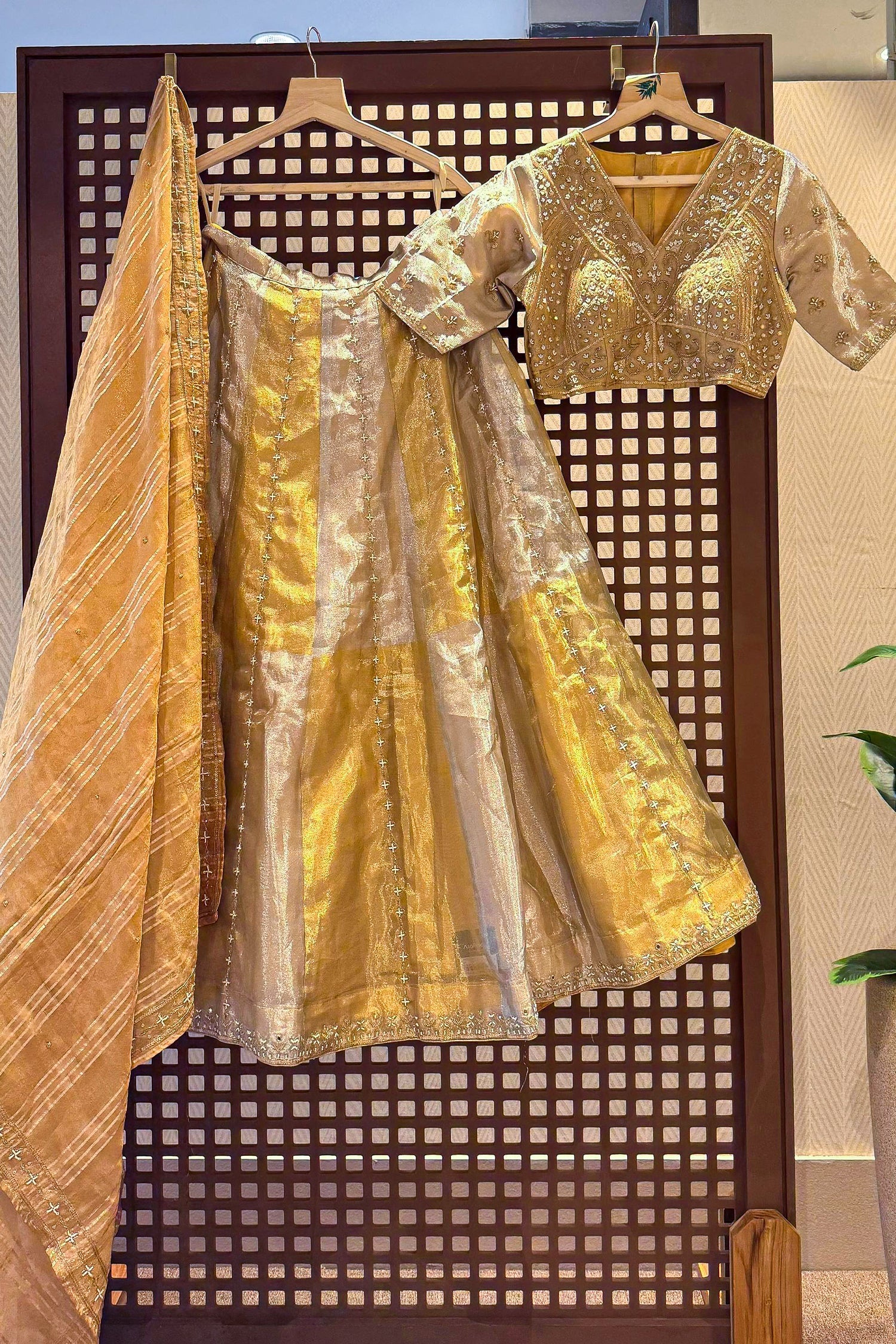Golden Tissue Silk Beads and Cutdana Worked Lehenga - Image 3