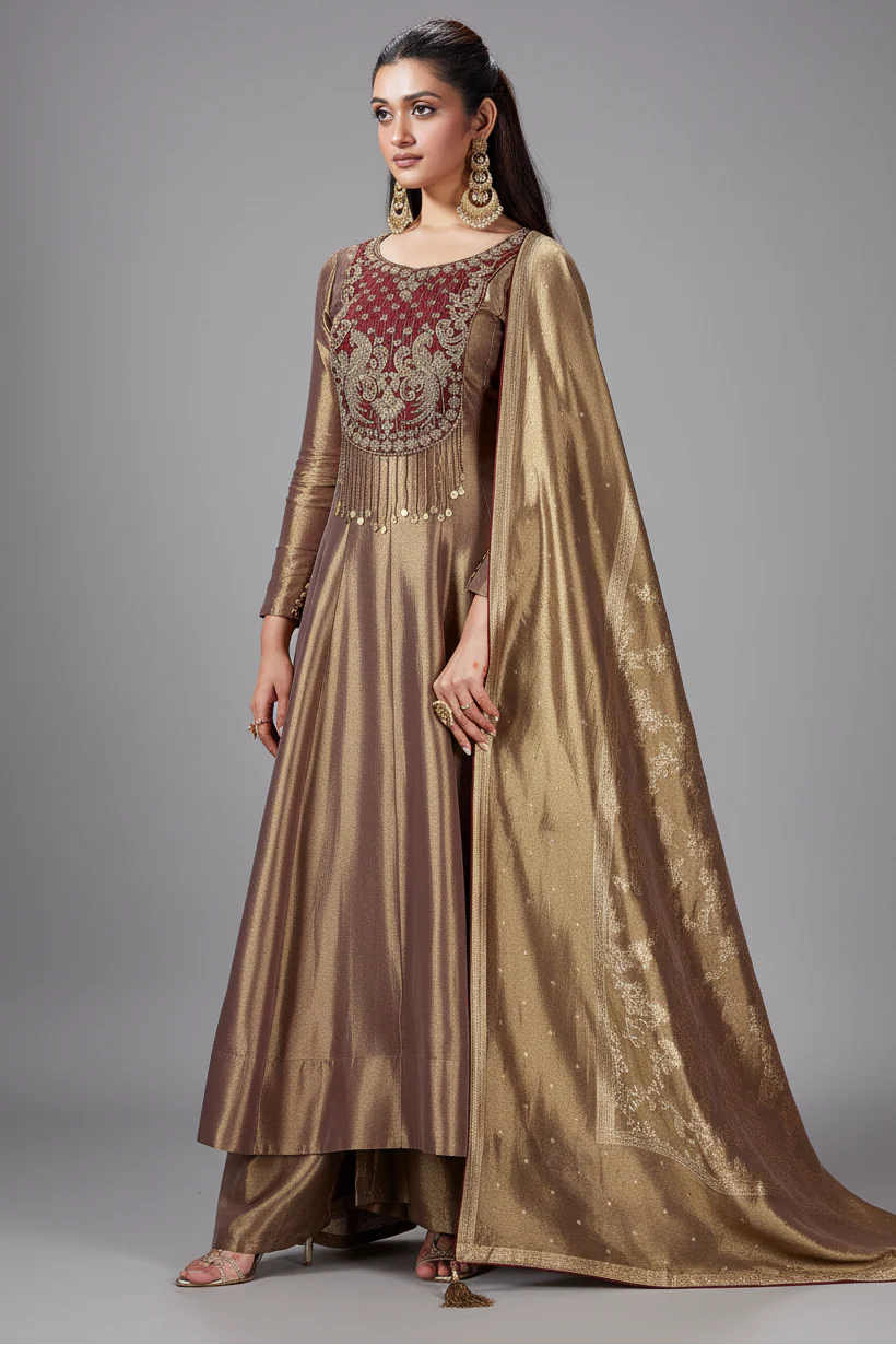 Golden Tissue Silk Cutdana and Zardosi Worked Anarkali Palazzo Suit
