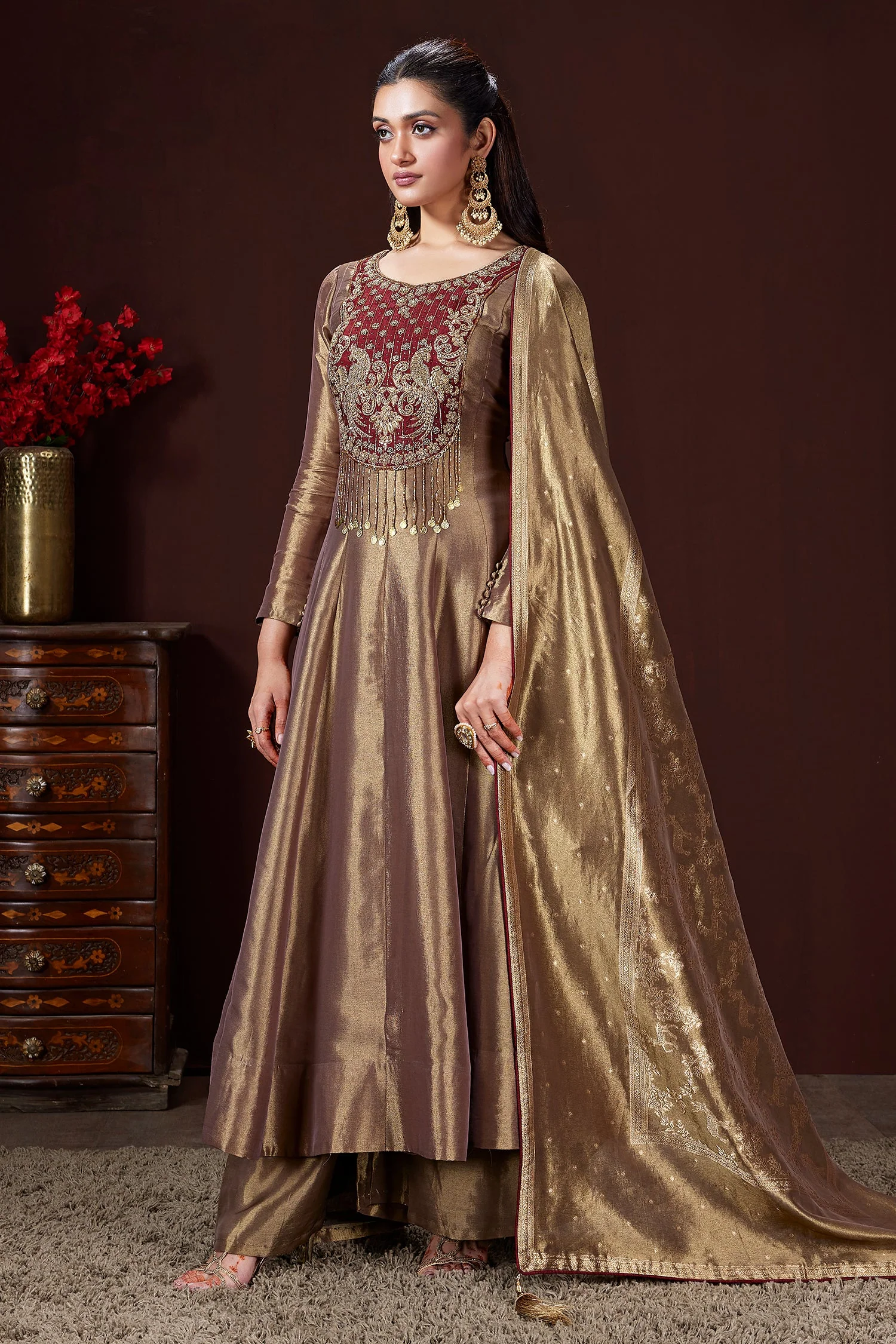 Golden Tissue Silk Cutdana and Zardosi Worked Anarkali Palazzo Suit - Image 2