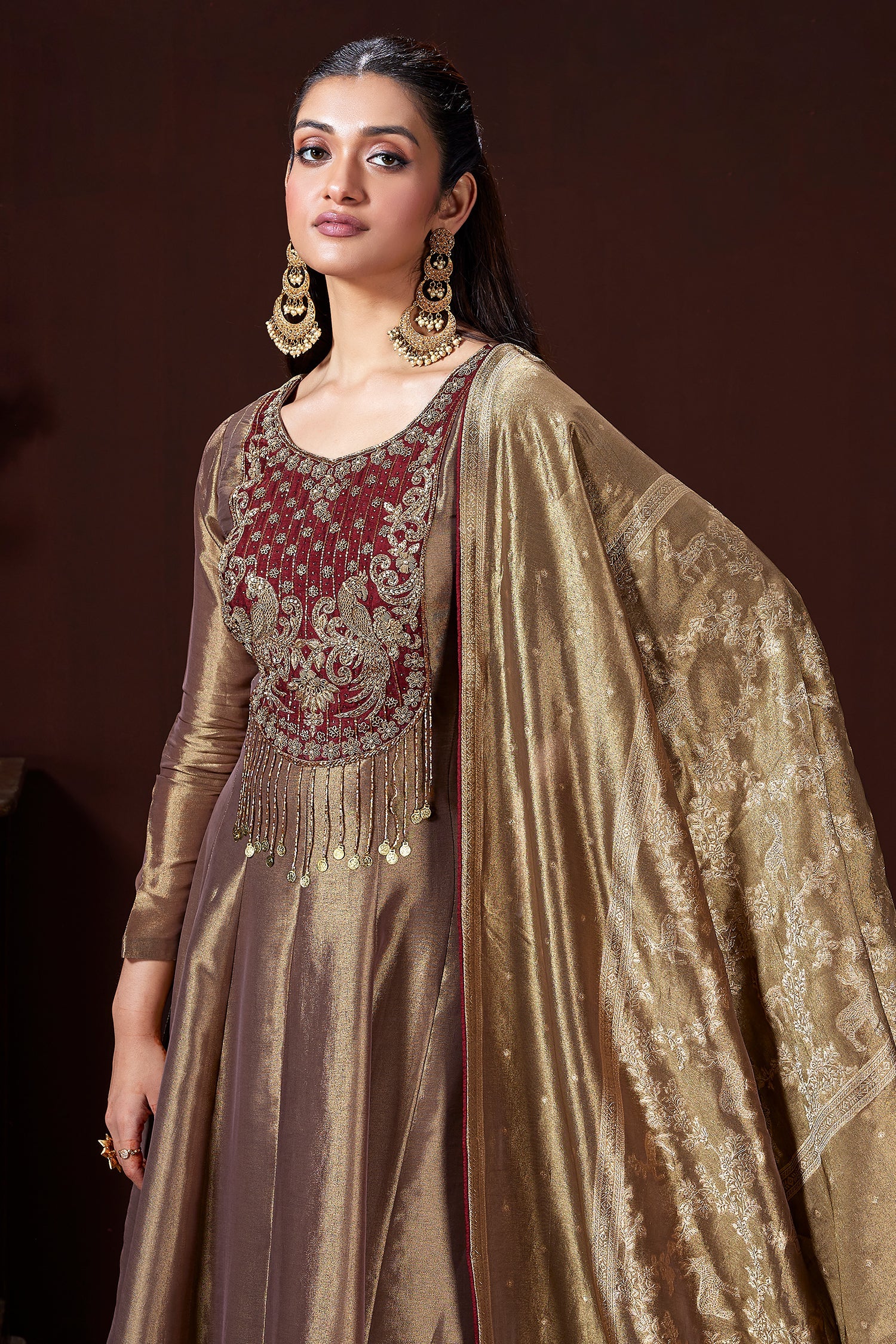 Golden Tissue Silk Cutdana and Zardosi Worked Anarkali Palazzo Suit - Image 3