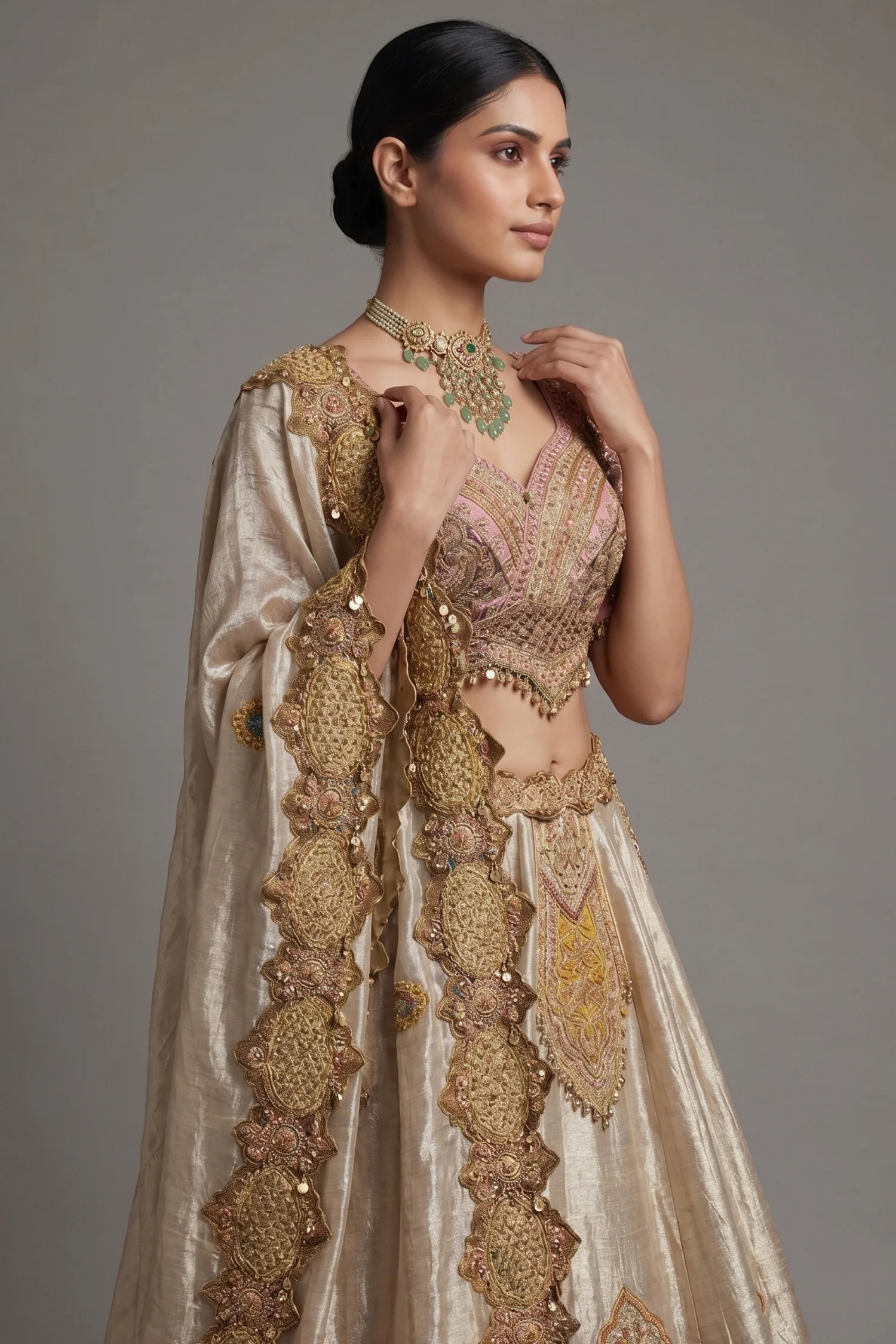 Golden Tissue Silk Desginer Embroidered and Zardosi Patch Worked Lehenga - Image 2
