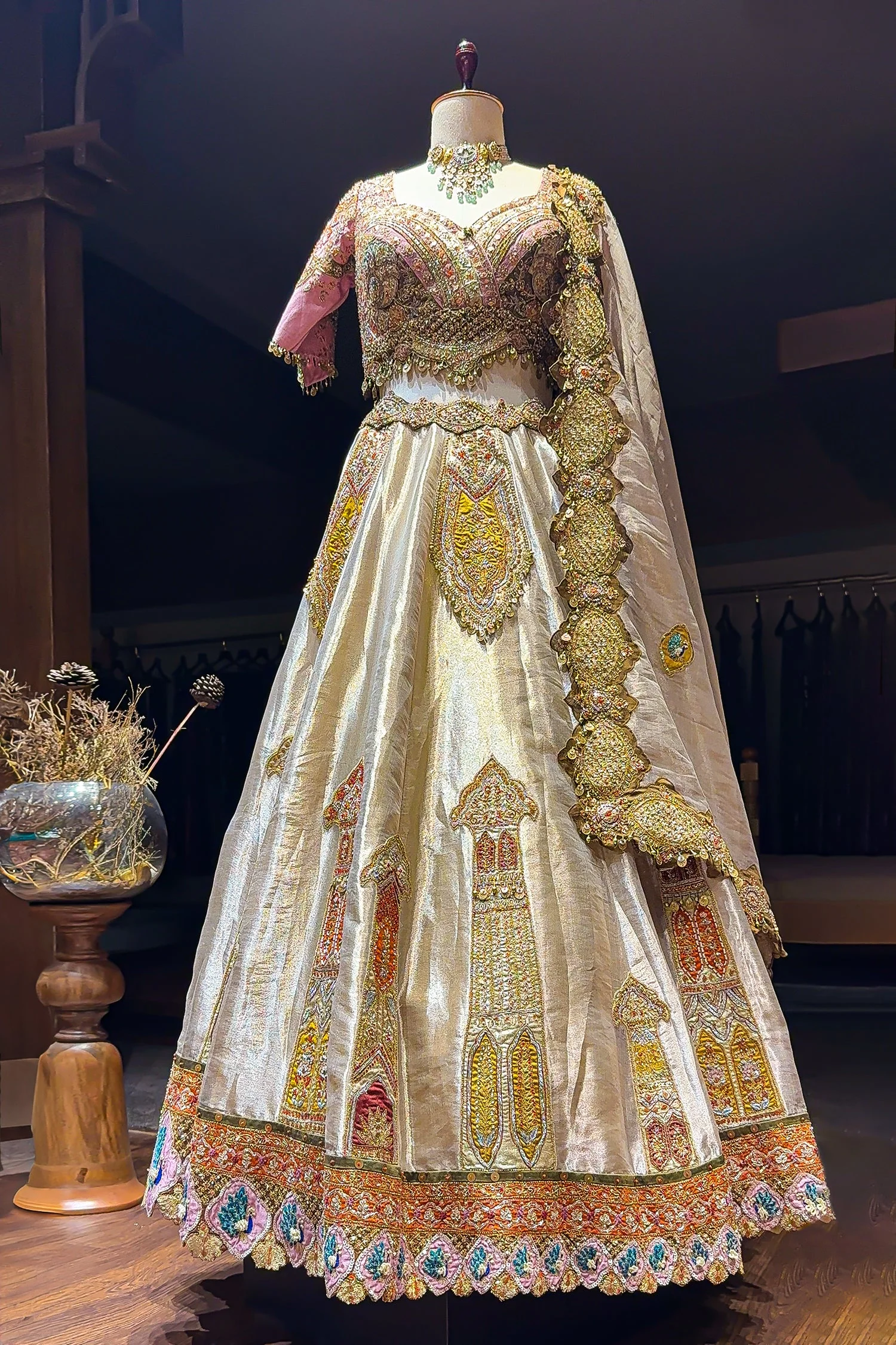 Golden Tissue Silk Desginer Embroidered and Zardosi Patch Worked Lehenga - Image 3