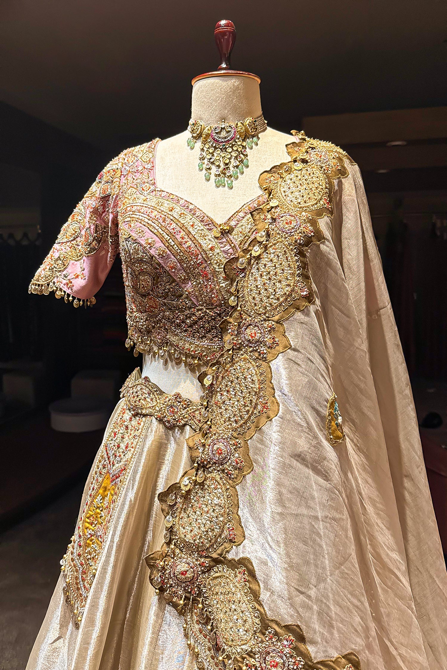 Golden Tissue Silk Desginer Embroidered and Zardosi Patch Worked Lehenga - Image 4