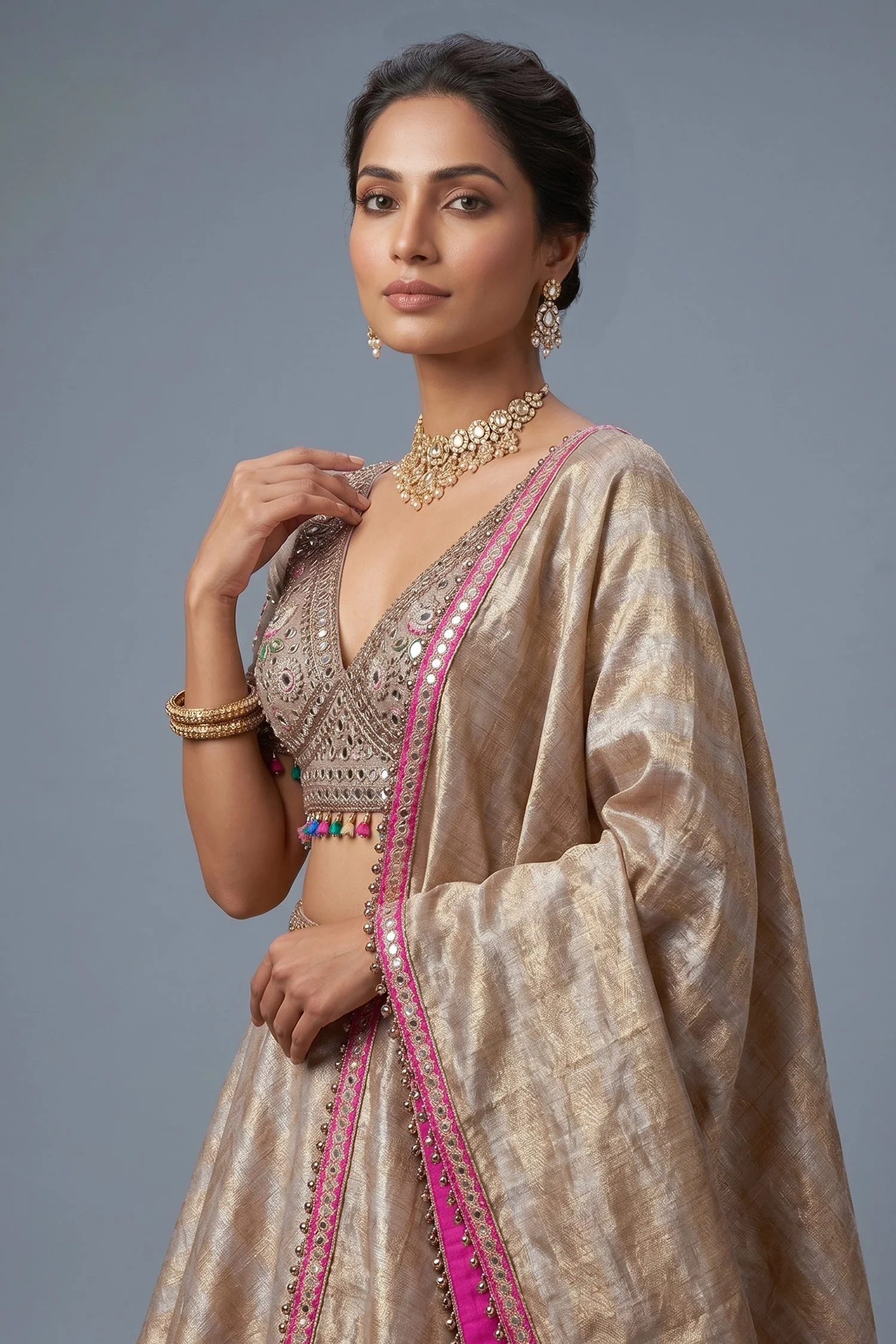 Golden Tissue Silk Lehenga with Kundan Worked Blouse - Image 2
