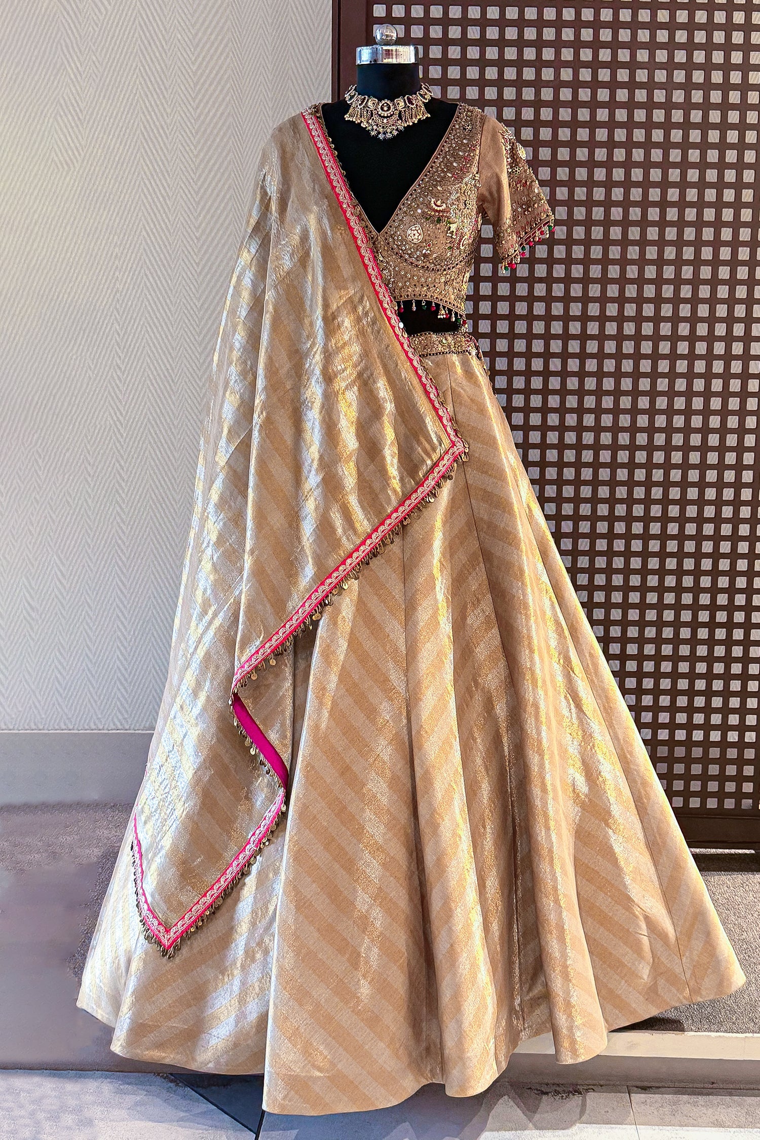Golden Tissue Silk Lehenga with Kundan Worked Blouse - Image 3