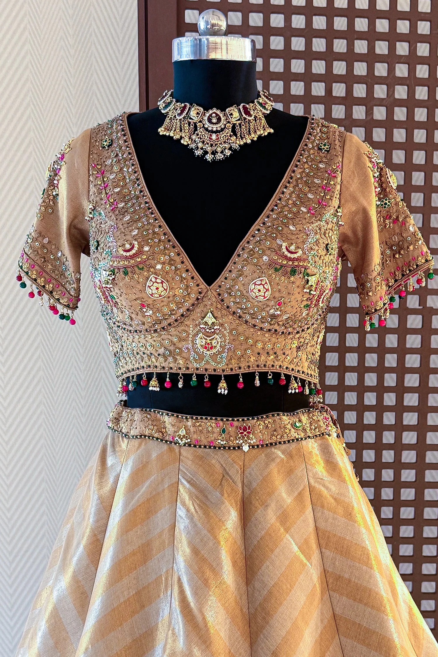 Golden Tissue Silk Lehenga with Kundan Worked Blouse - Image 4
