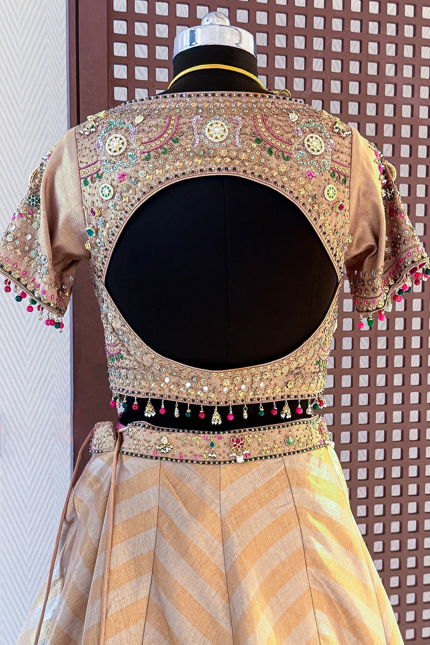 Golden Tissue Silk Lehenga with Kundan Worked Blouse - Image 5
