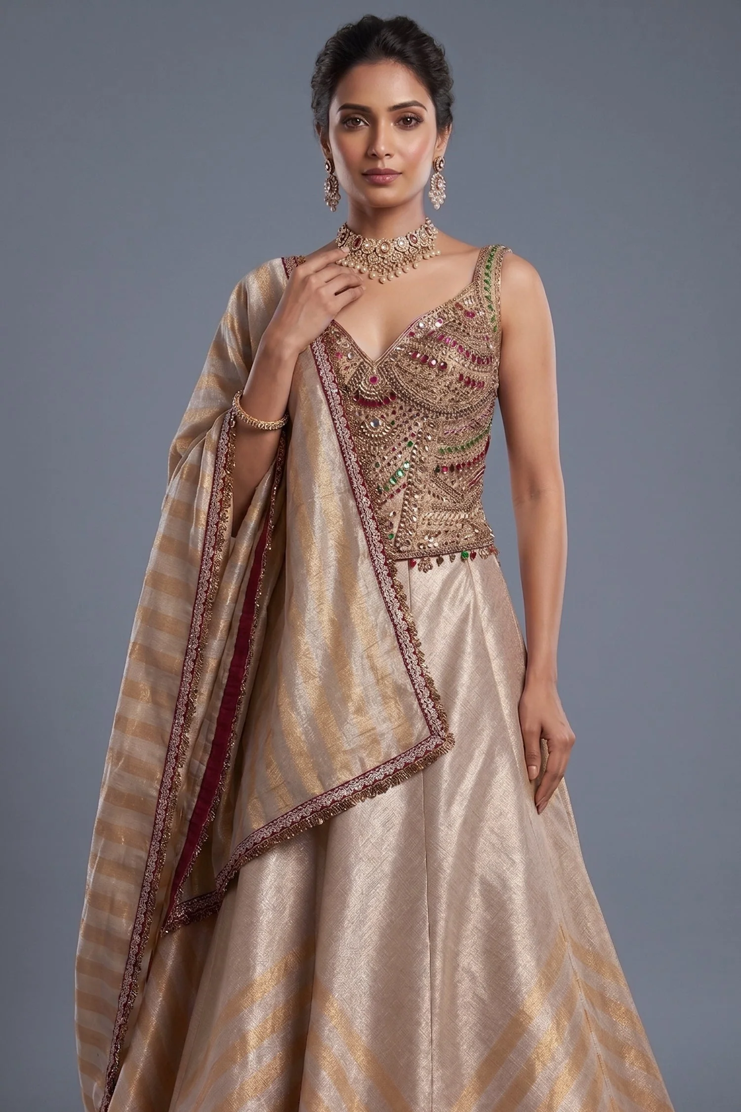 Golden Tissue Silk Lehenga with Kundan Worked Corset - Image 2