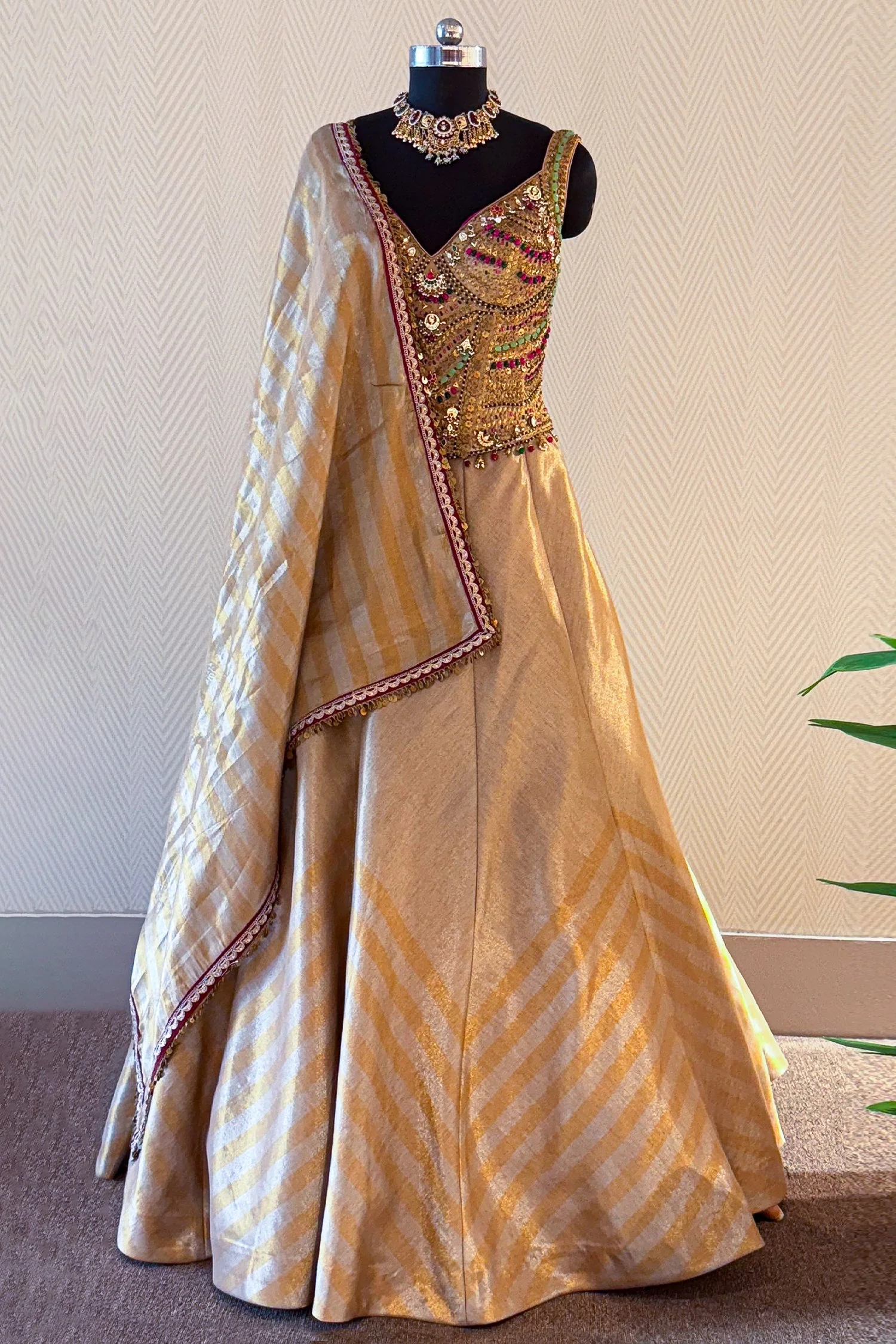 Golden Tissue Silk Lehenga with Kundan Worked Corset - Image 3