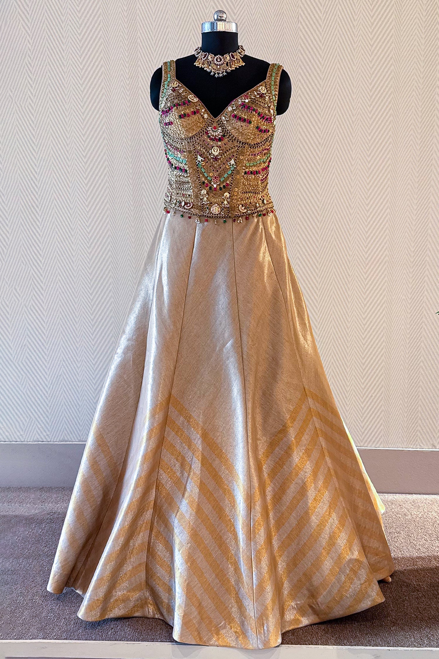 Golden Tissue Silk Lehenga with Kundan Worked Corset - Image 4