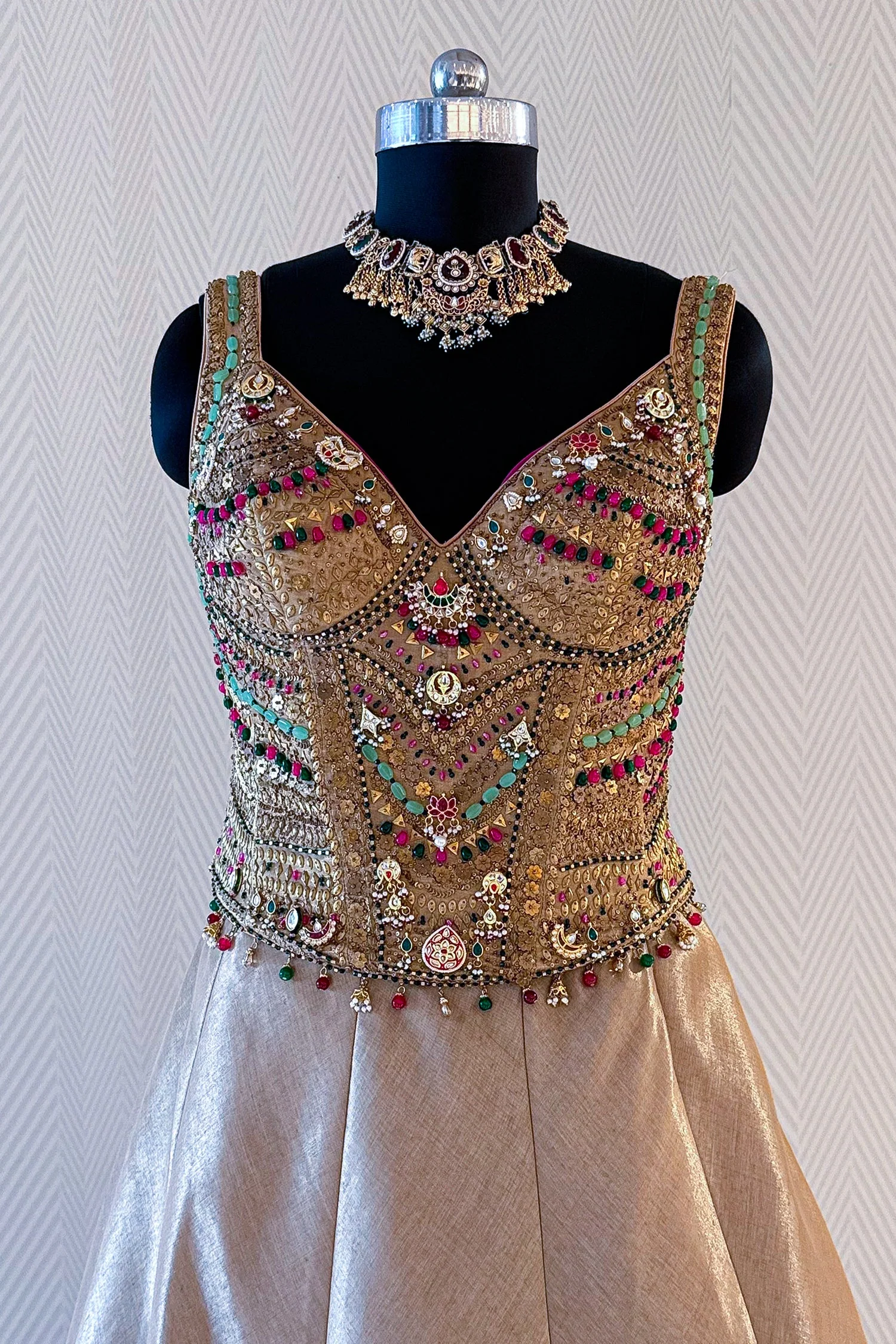 Golden Tissue Silk Lehenga with Kundan Worked Corset - Image 5