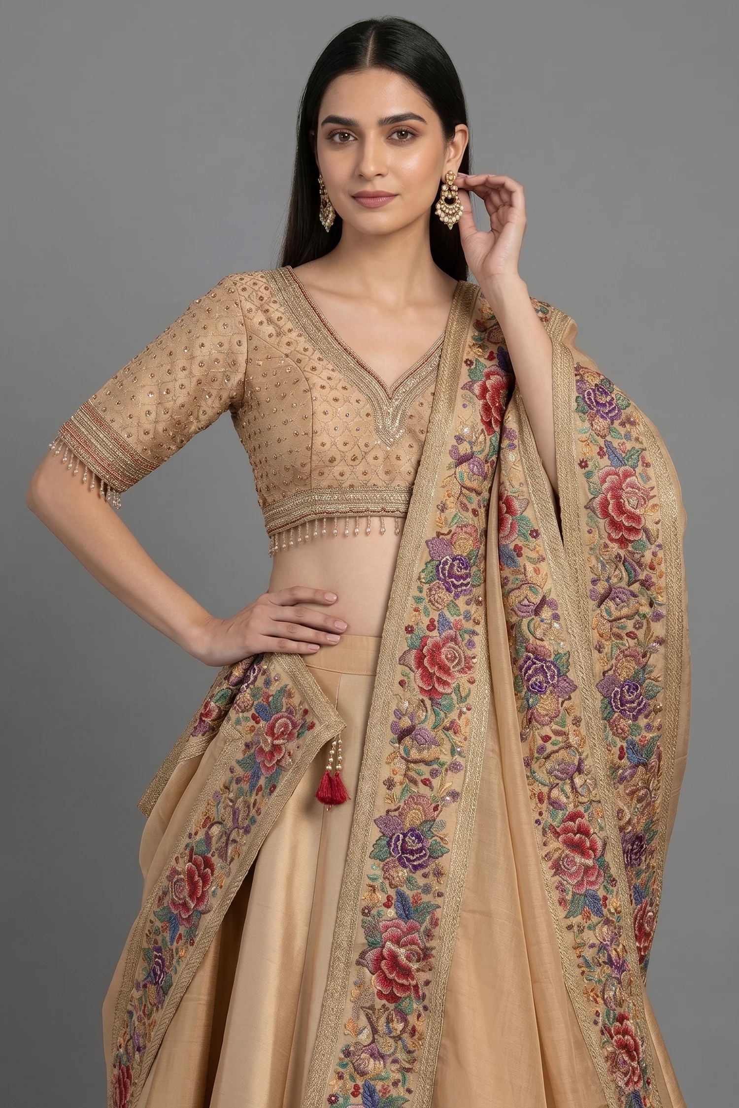 Golden Tissue Silk Lehenga with Petit Point Parsi Embroidered Border Dupatta - Image 2