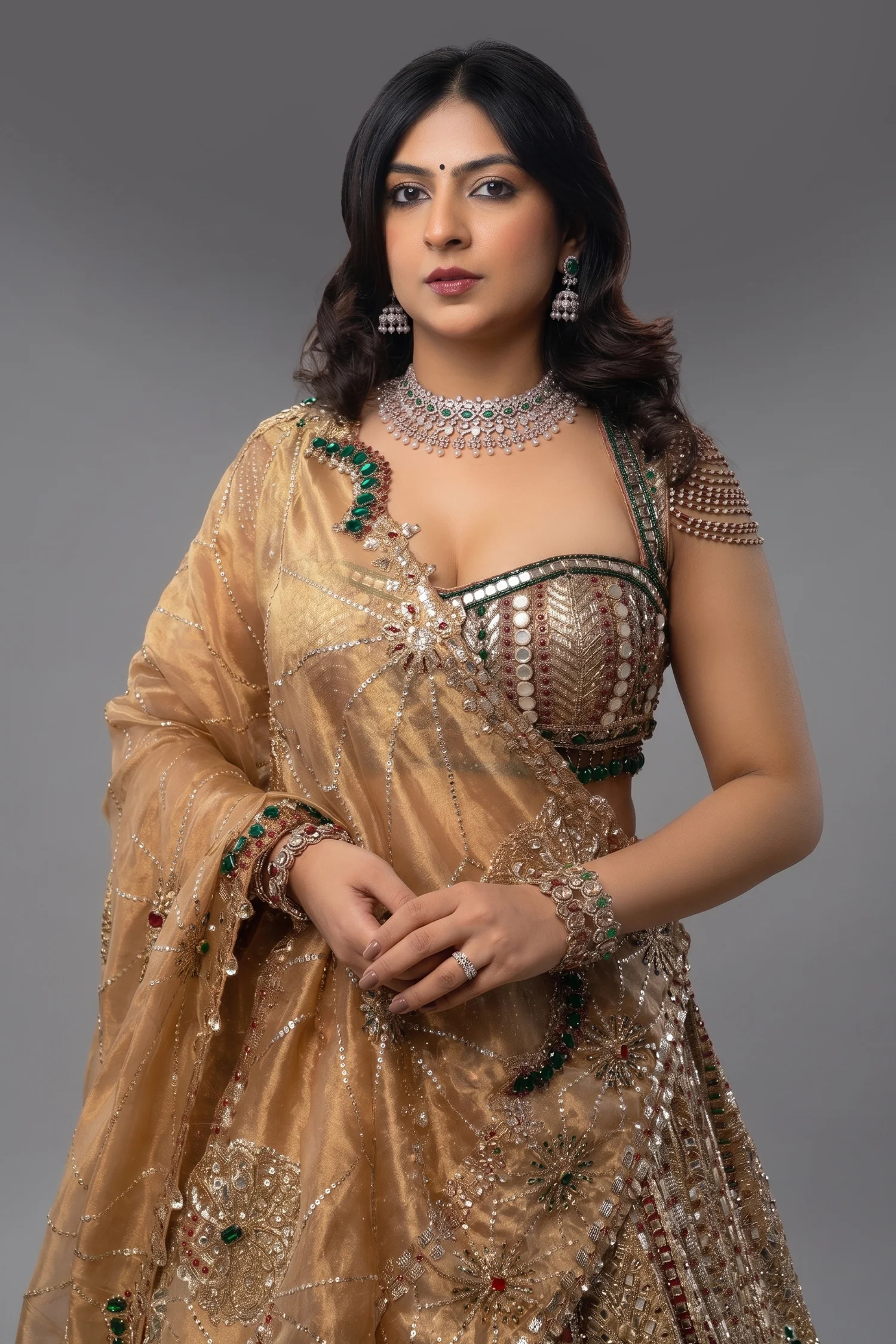 Golden Tissue Silk Metallic Worked Designer Lehenga - Image 2