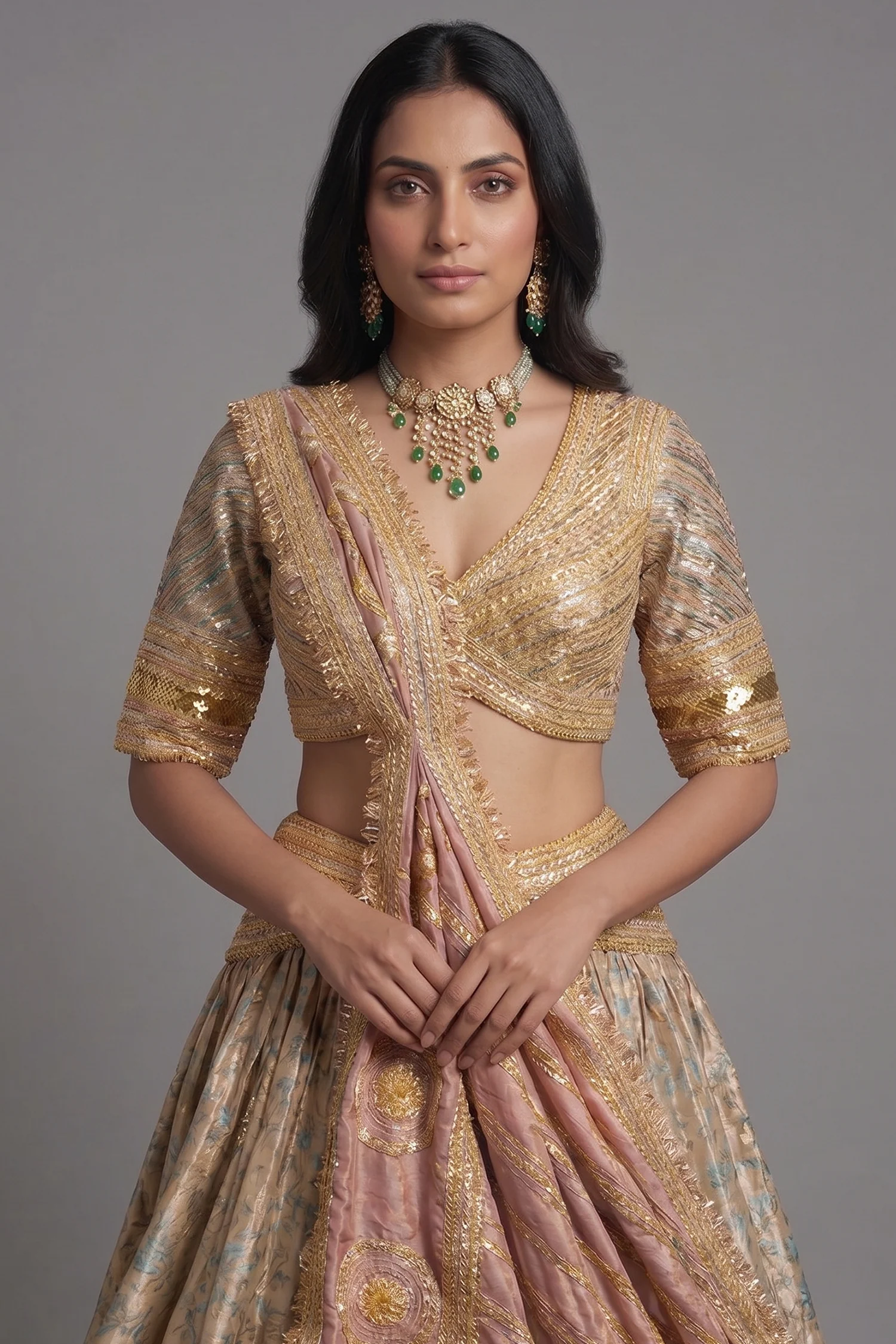 Golden Tissue Silk Plain Lehenga with Designer Blouse - Image 2