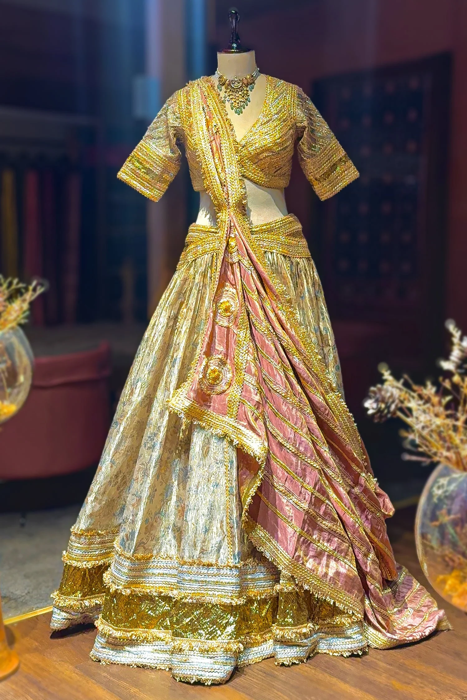 Golden Tissue Silk Plain Lehenga with Designer Blouse - Image 3