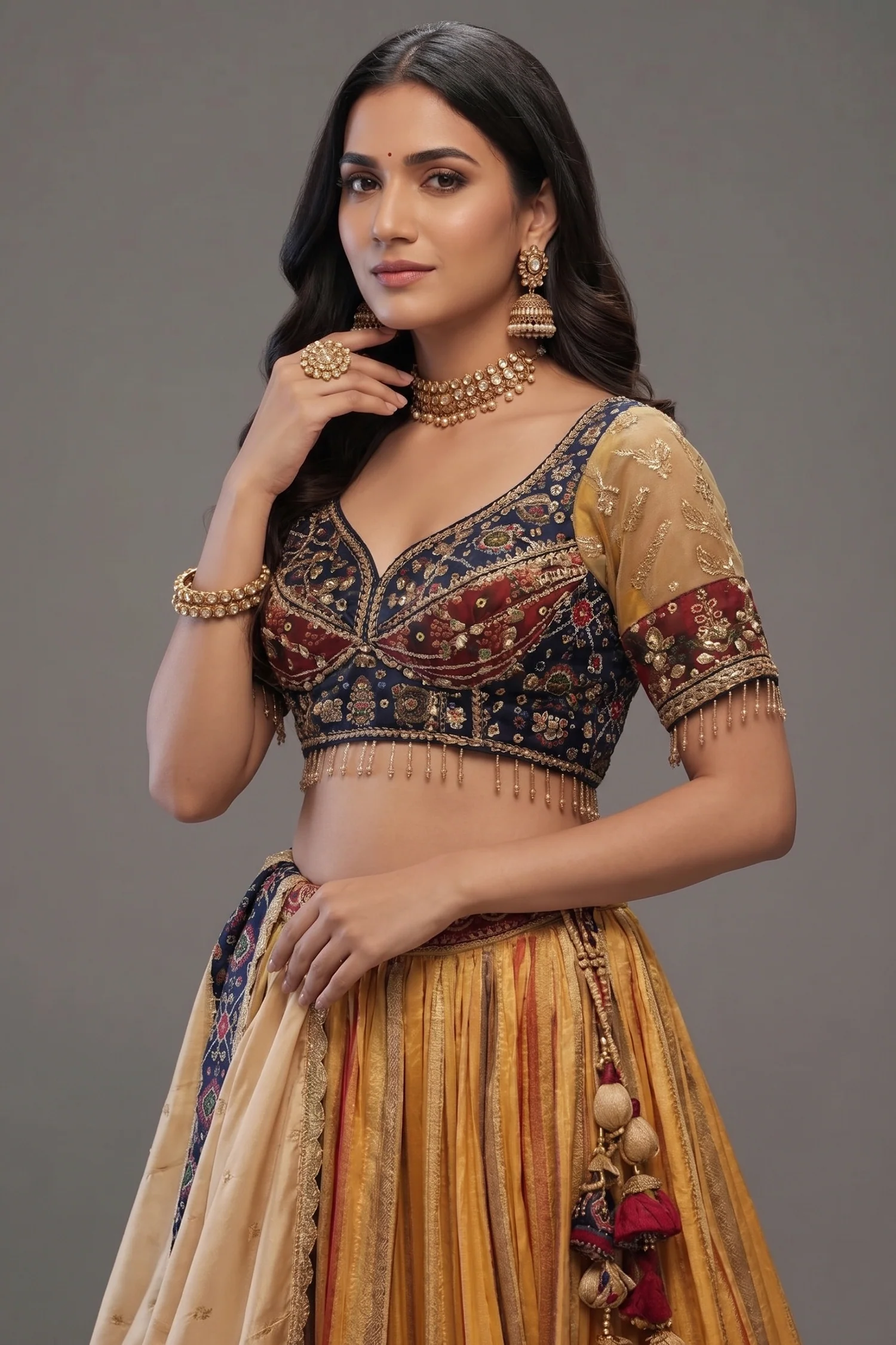 Golden Tissue Silk Pleated Patola Lehenga - Image 2