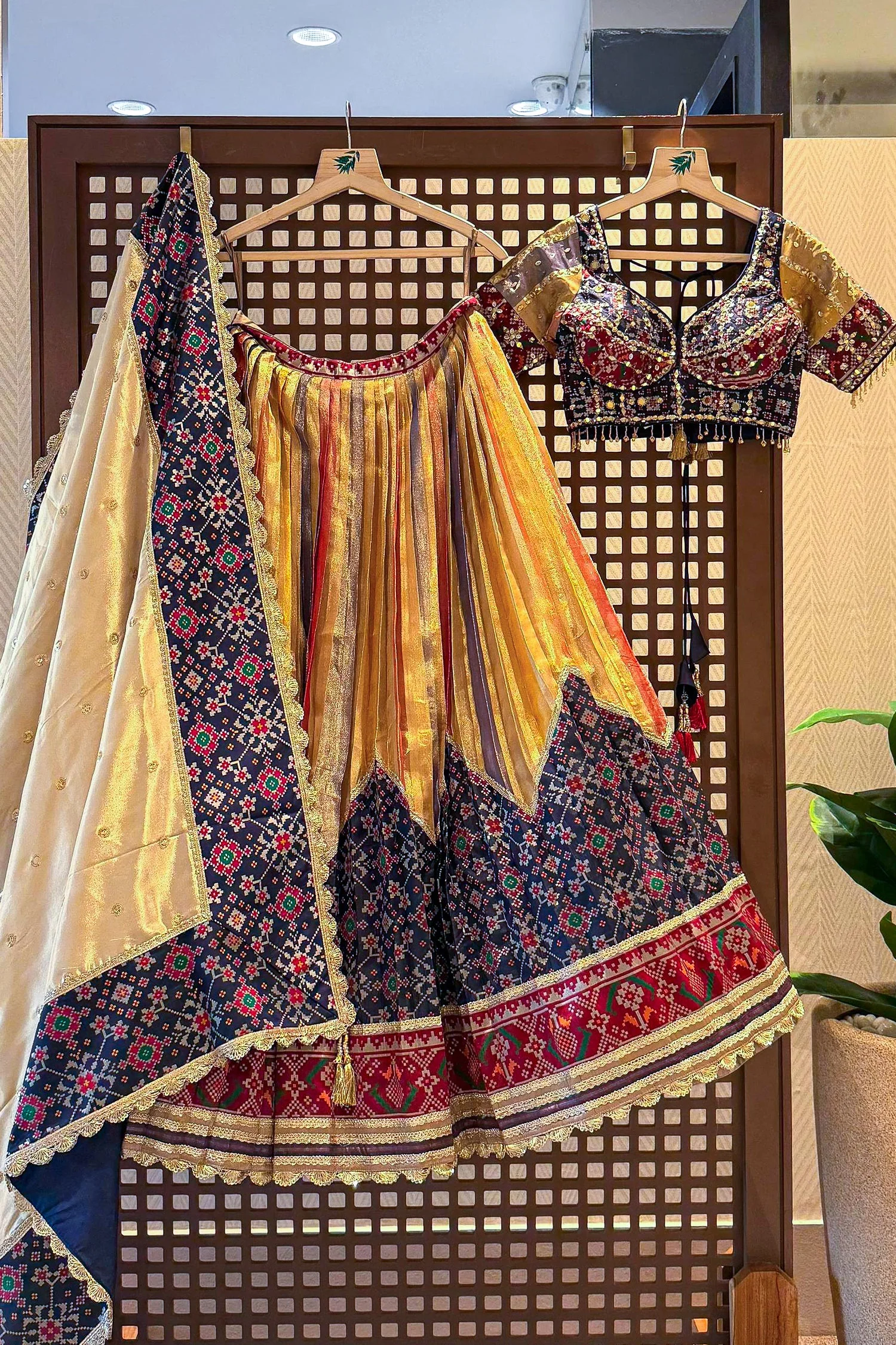 Golden Tissue Silk Pleated Patola Lehenga - Image 3