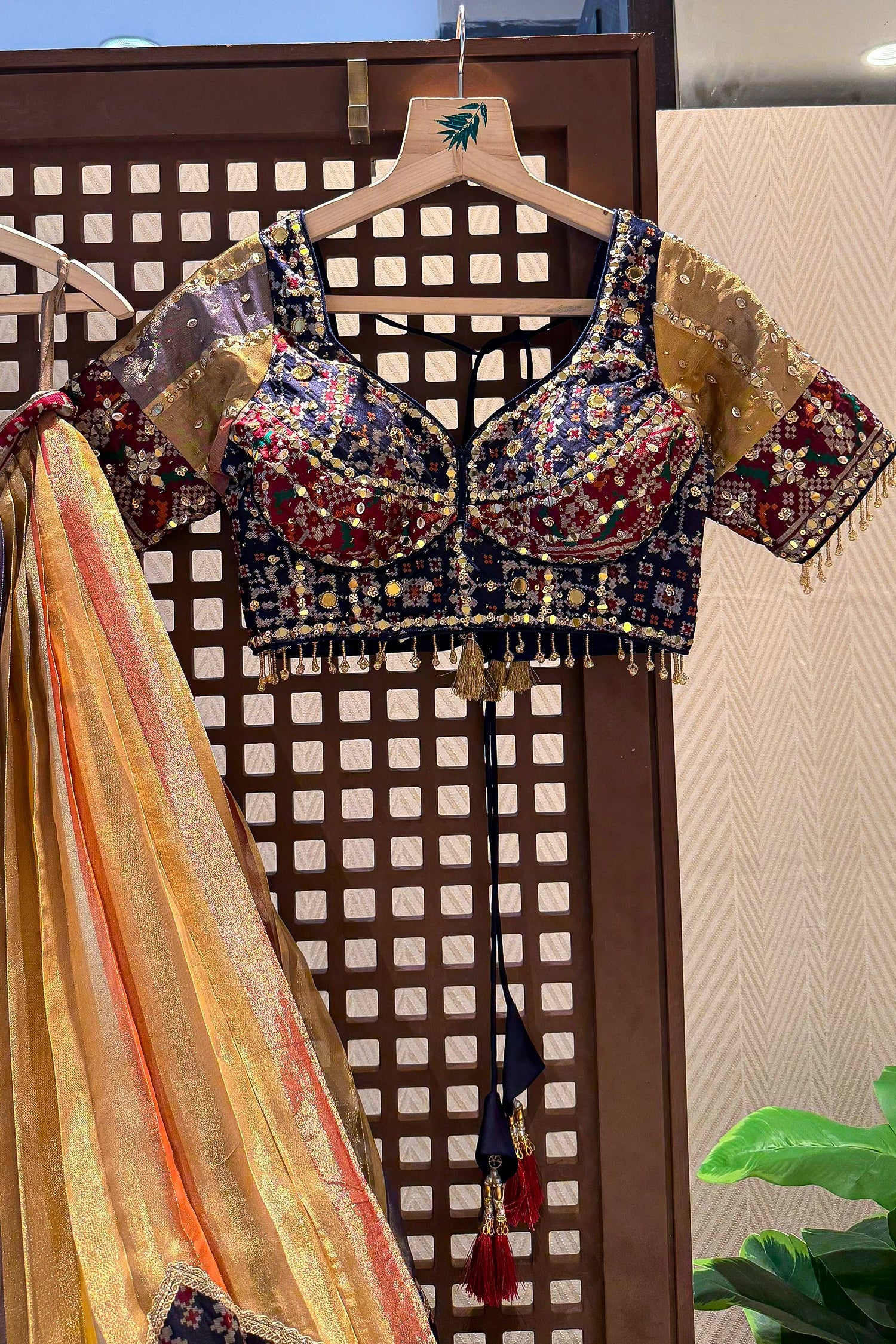 Golden Tissue Silk Pleated Patola Lehenga - Image 4