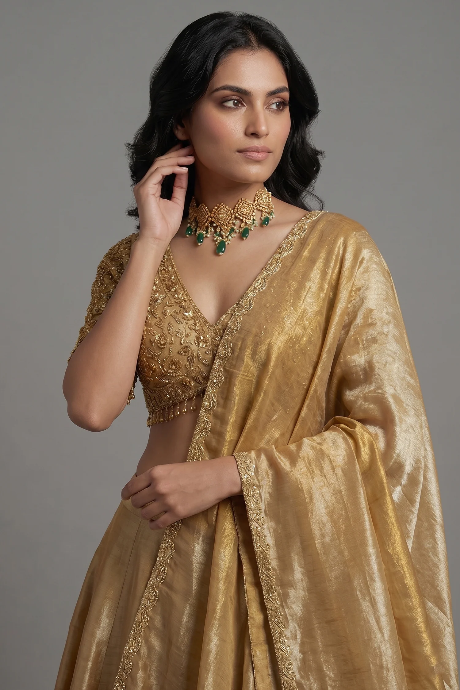 Golden Tissue Silk Plain Lehenga with Sequinned and Beaded Designer Blouse - Image 2