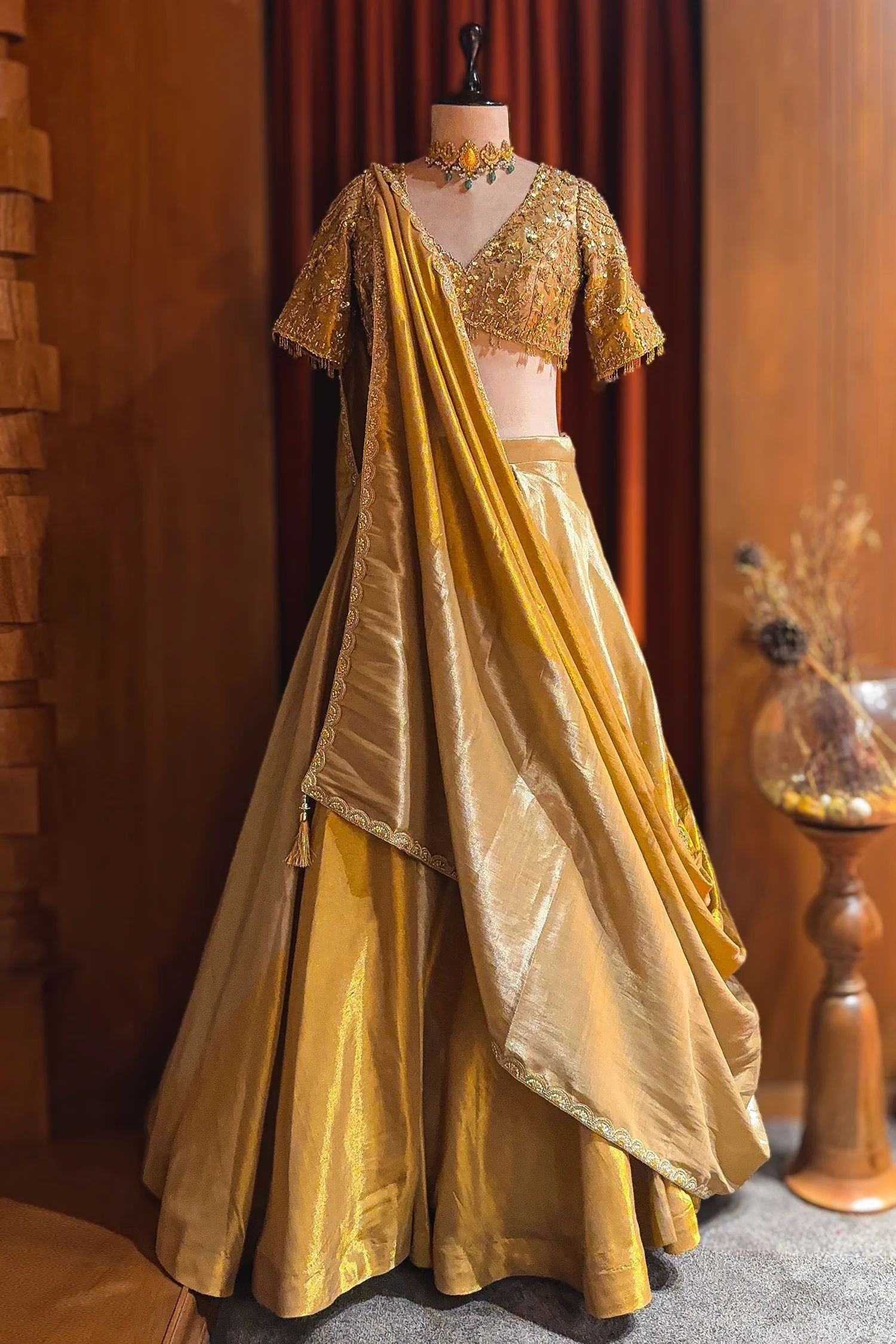 Golden Tissue Silk Plain Lehenga with Sequinned and Beaded Designer Blouse - Image 3