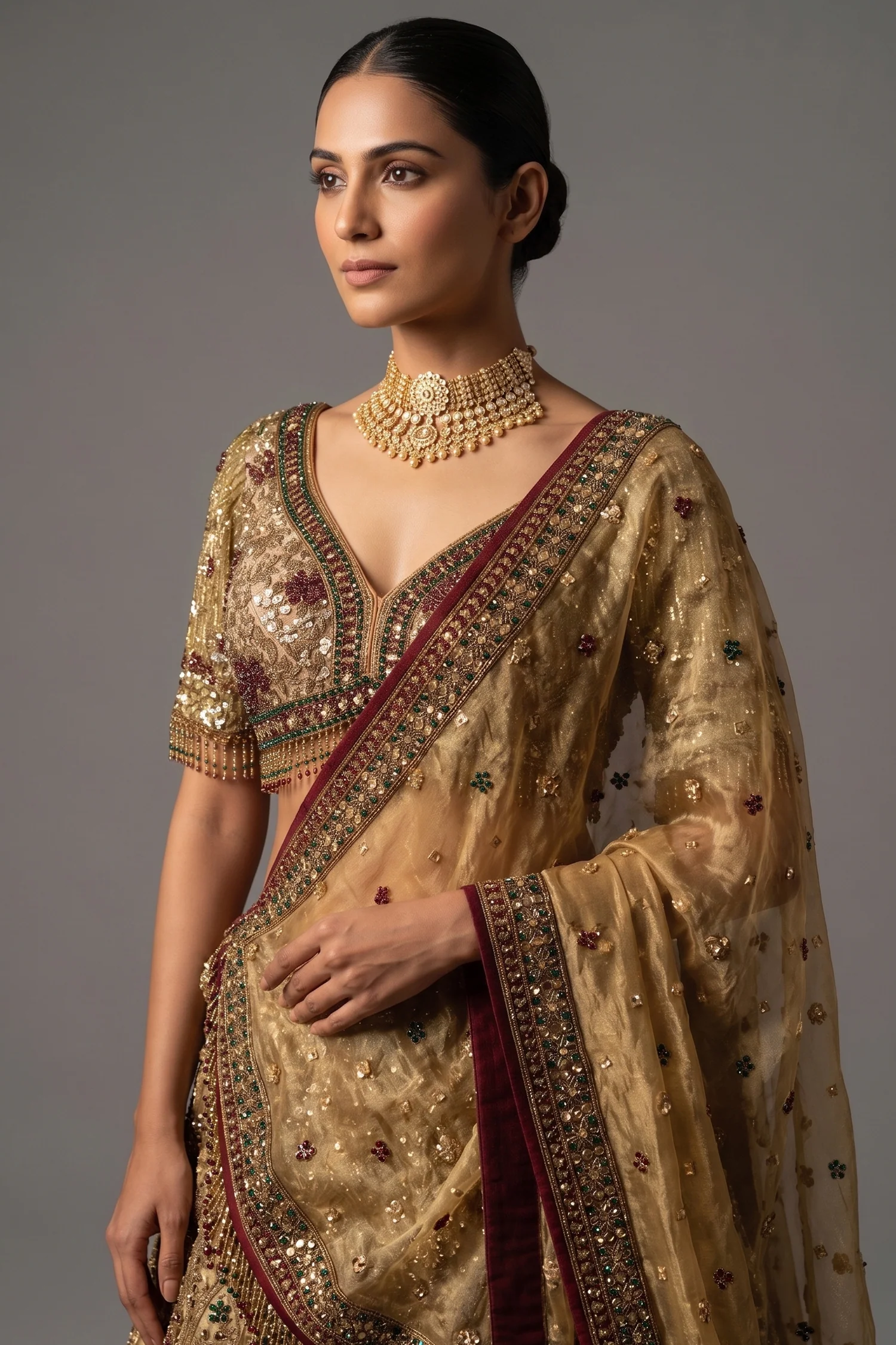 Golden Tissue Silk Sequinned and Beaded Designer Lehenga - Image 2