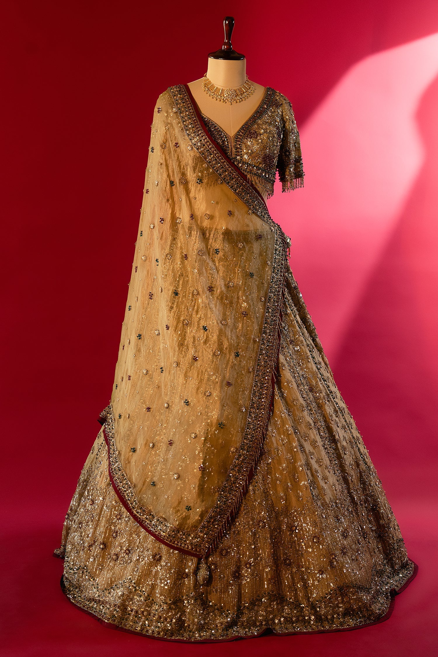 Golden Tissue Silk Sequinned and Beaded Designer Lehenga - Image 3