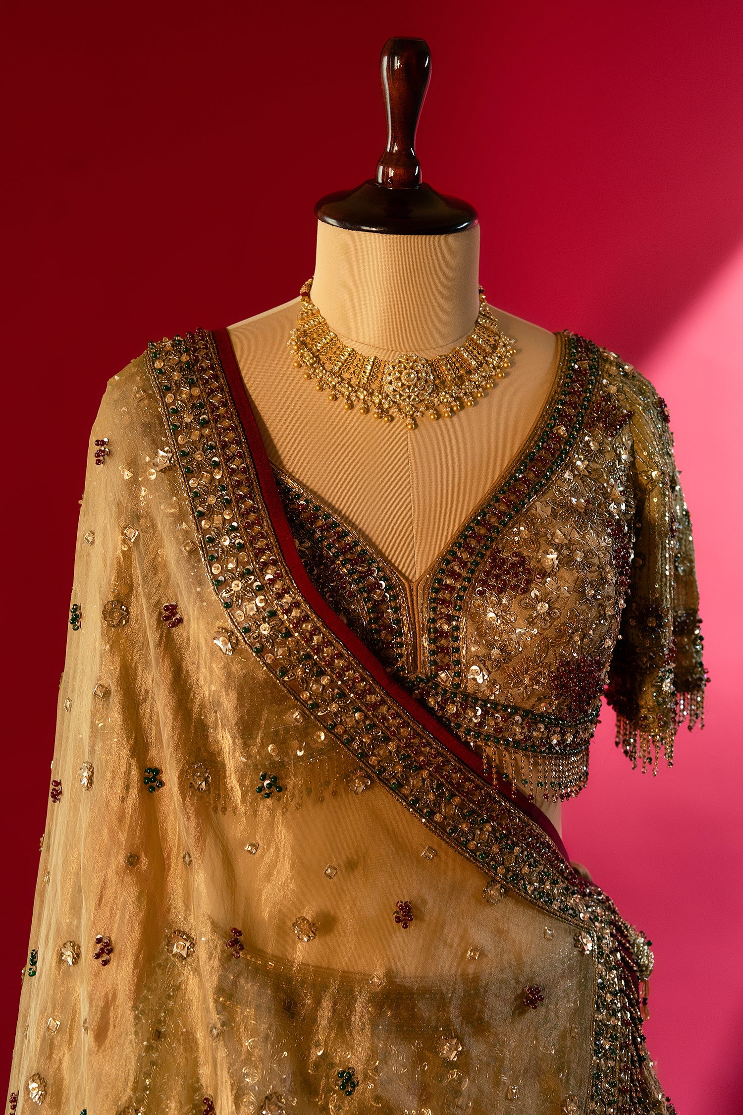 Golden Tissue Silk Sequinned and Beaded Designer Lehenga - Image 4
