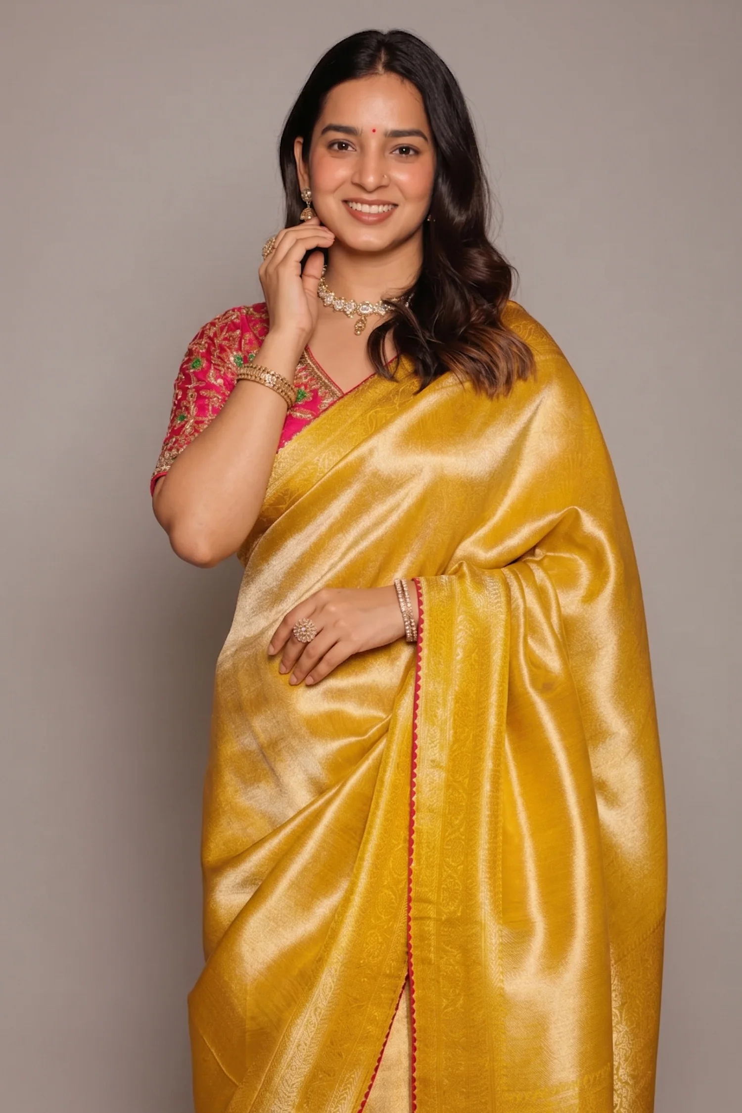 Golden Tissue Silk Woven Saree with Contrast Readymade Patola Blouse - Image 2