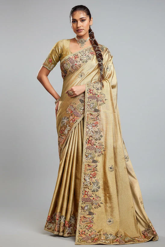 Golden Viscose Silk Embroidered Saree