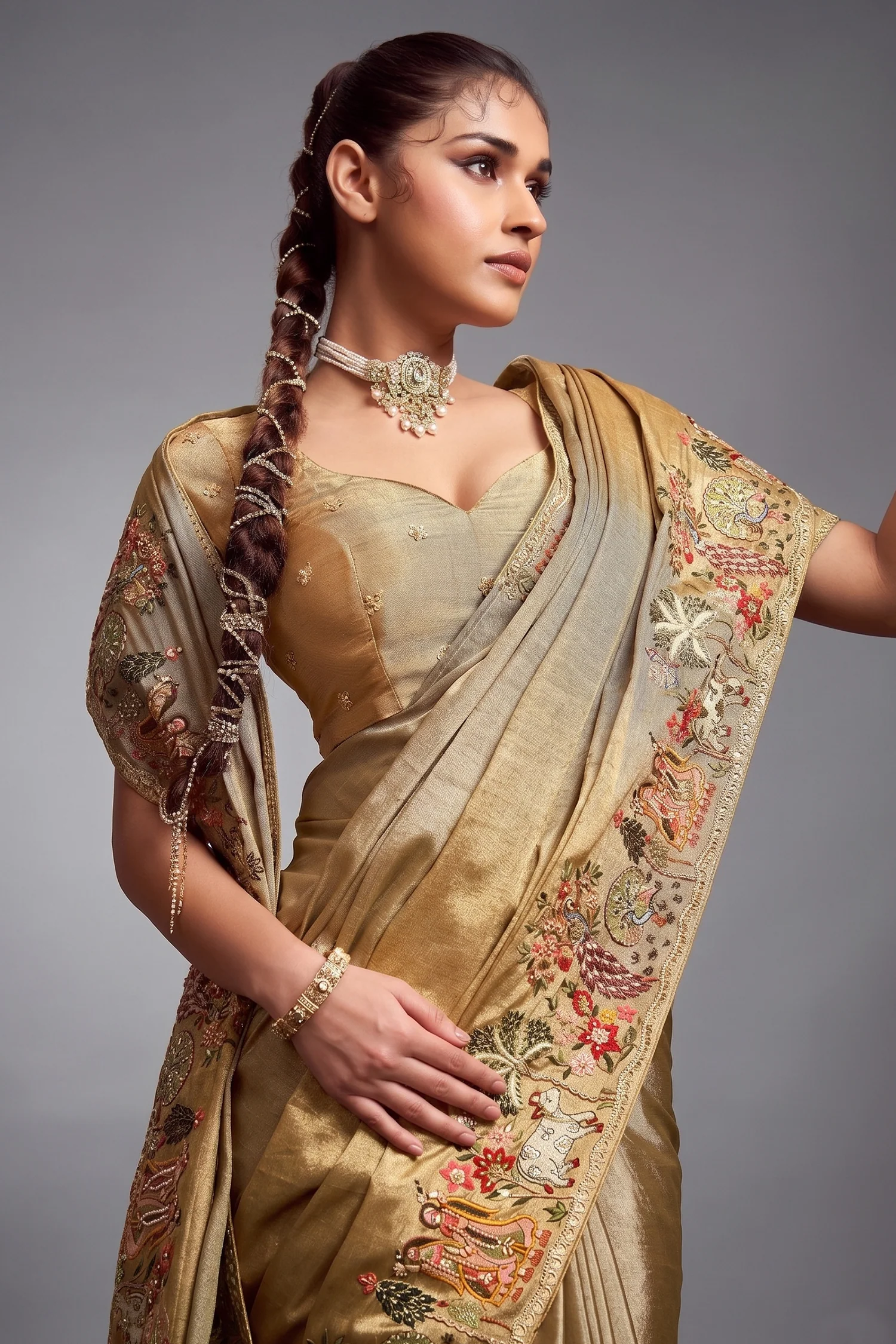 Golden Viscose Silk Embroidered Saree - Image 2