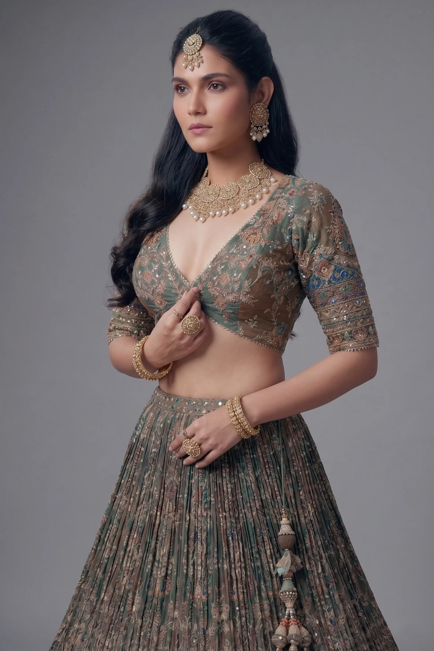 Green and Brown Crepe Silk Printed Lehenga with Sequin Work - Image 2