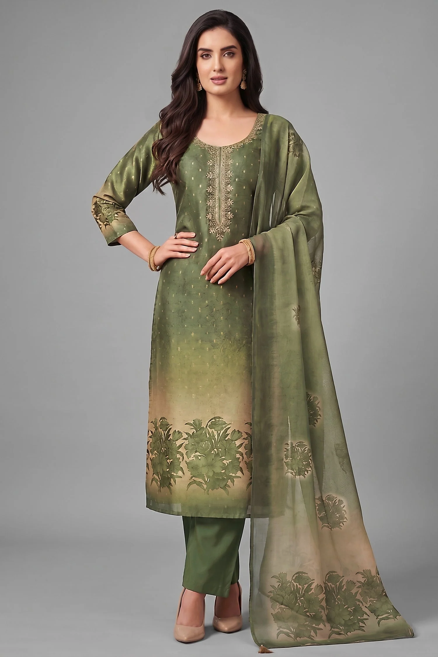 Green and Cream Tissue Floral Printed Straight Cut Suit