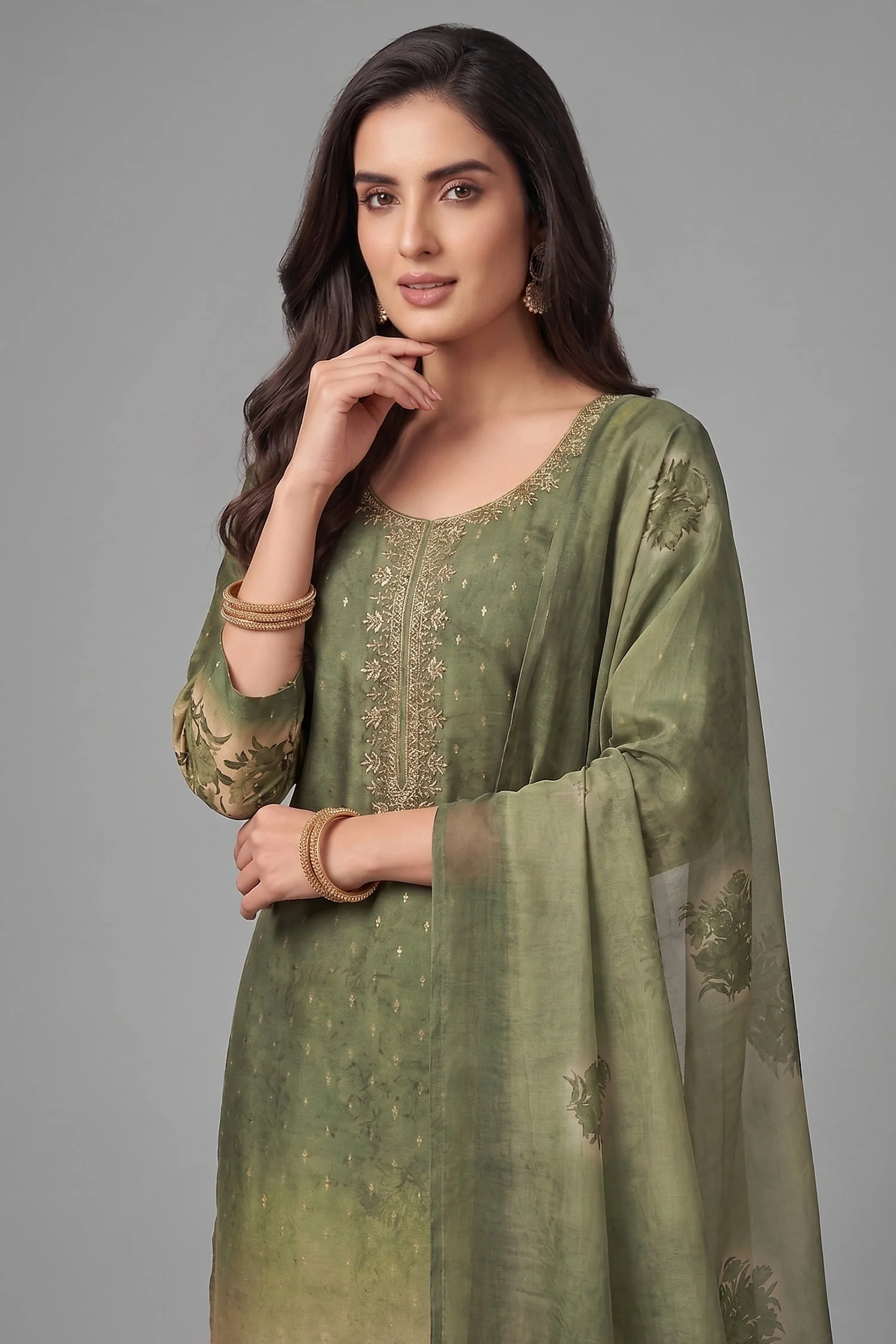 Green and Cream Tissue Floral Printed Straight Cut Suit - Image 2