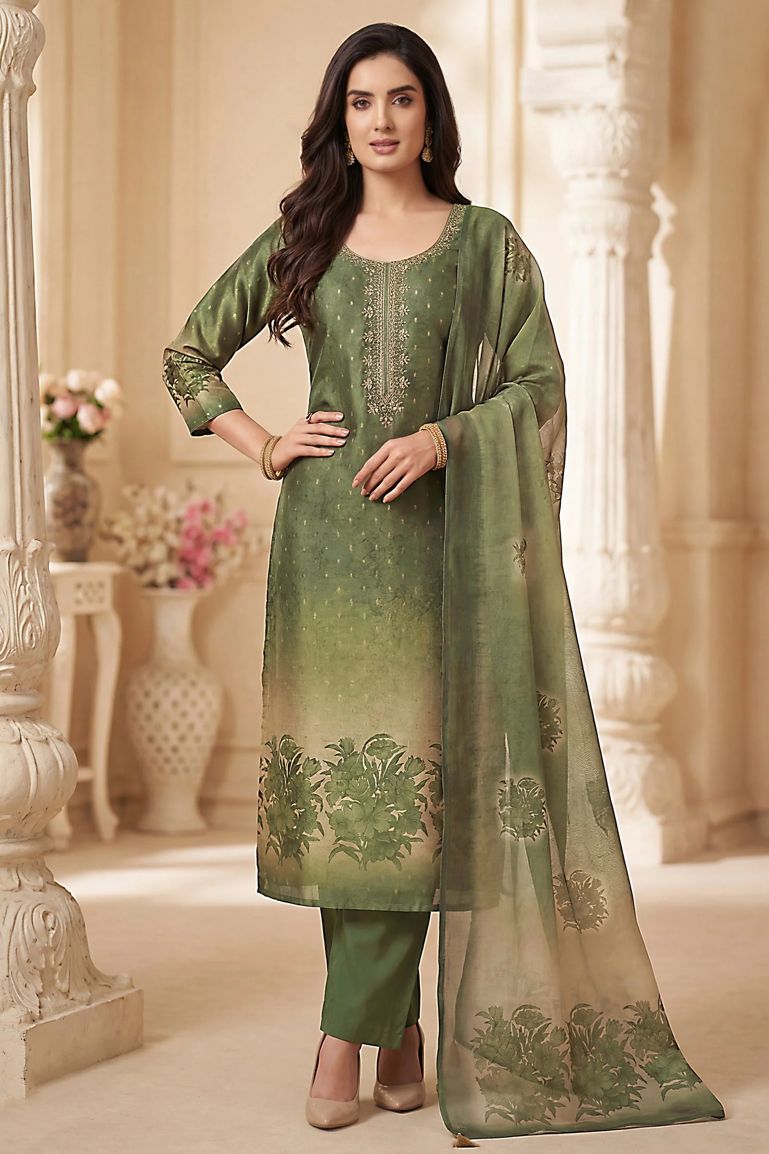 Green and Cream Tissue Floral Printed Straight Cut Suit - Image 3