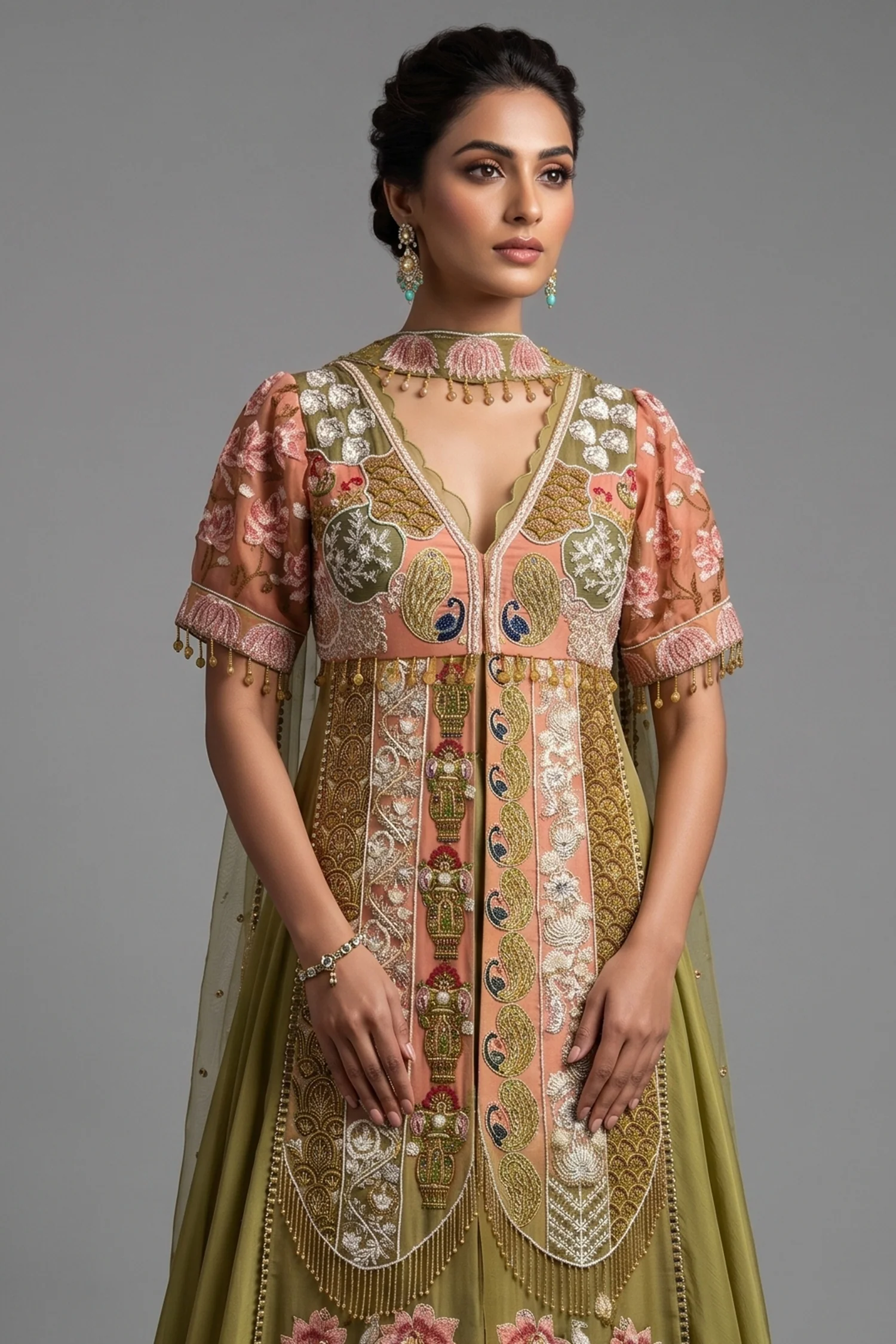 Green and Peach Organza Designer Handworked Slit Cut Suit - Image 2