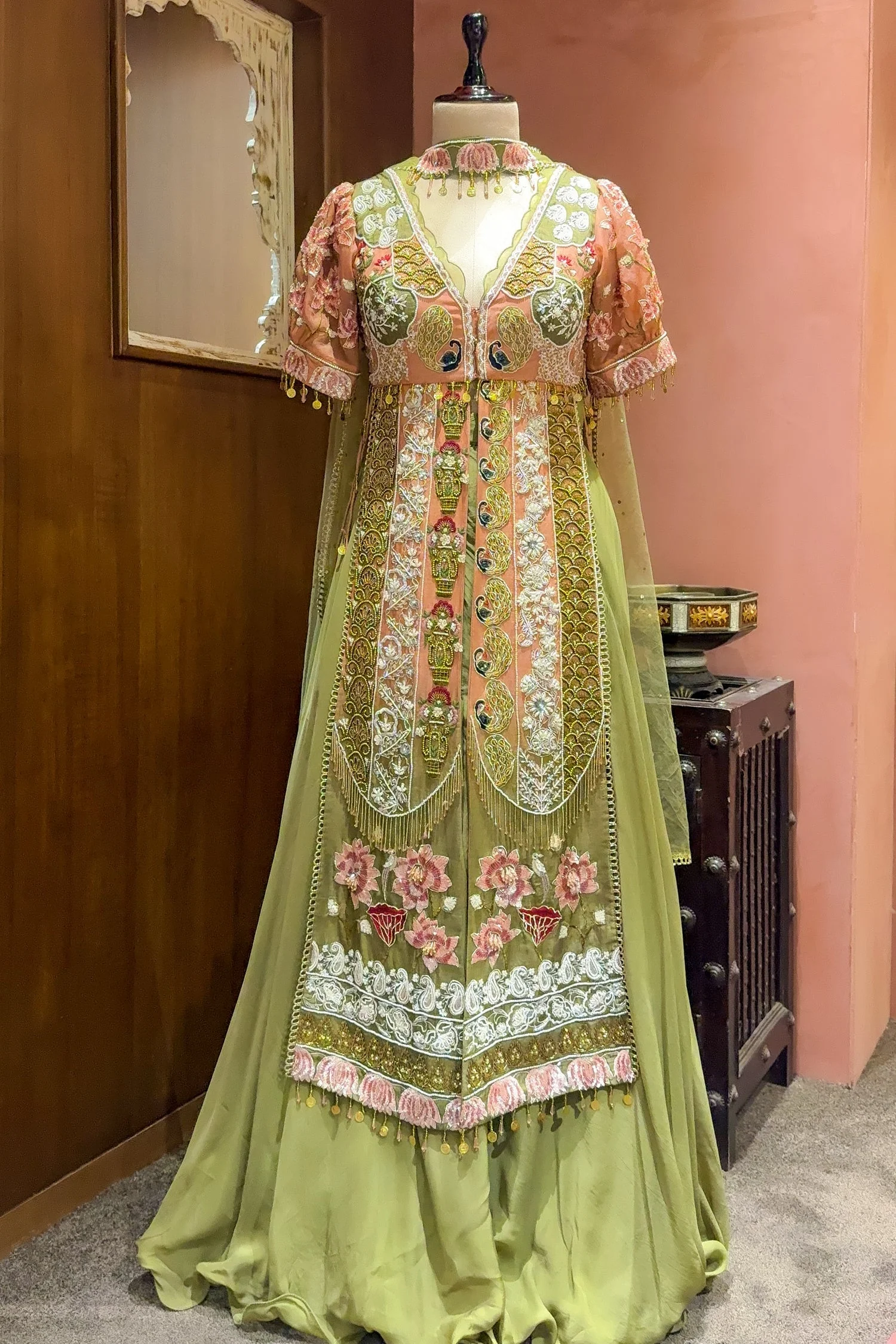 Green and Peach Organza Designer Handworked Slit Cut Suit - Image 3