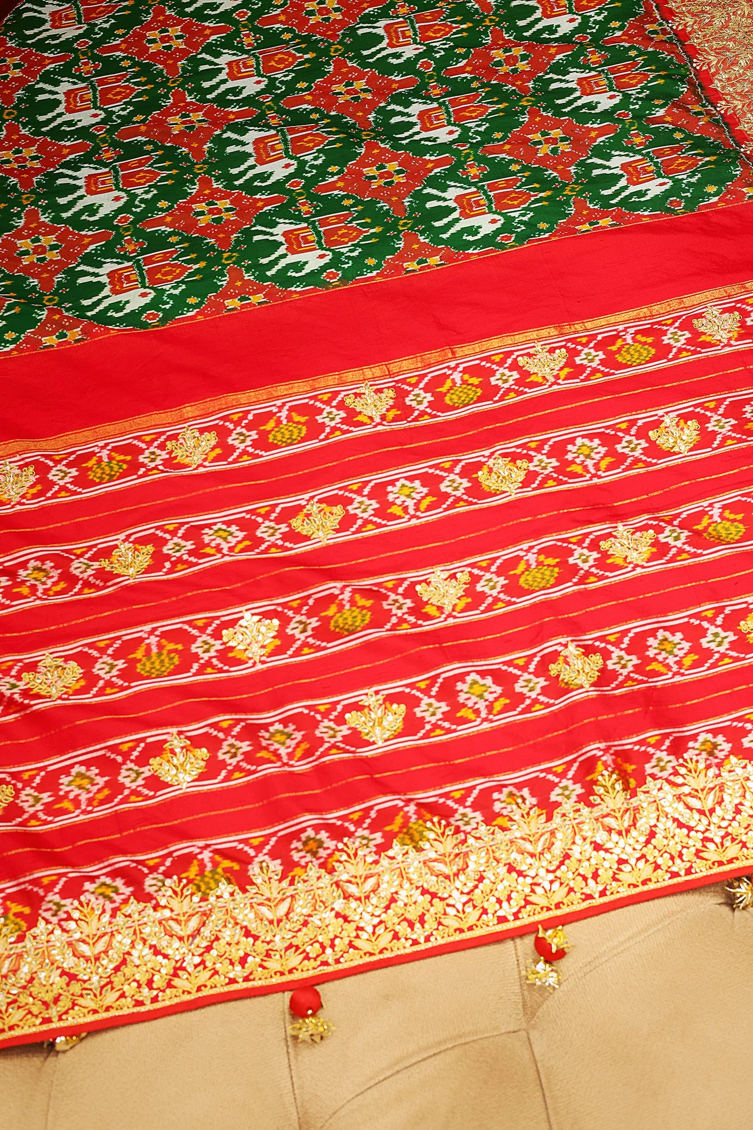 Green and Red Silk Traditional Patola Saree with Zardosi and Beads Work - Image 7