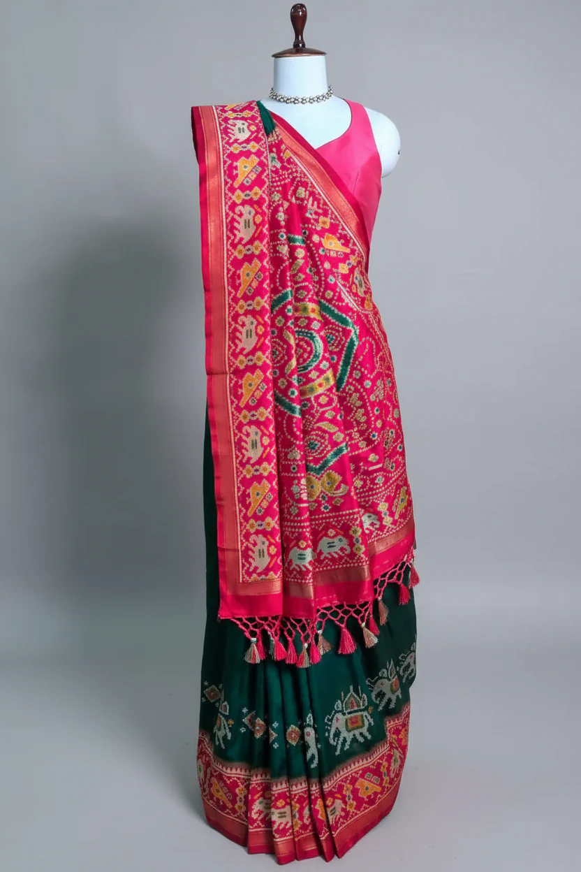 Green Art Silk Saree with Patola Border and Contrast Pallu - Image 3